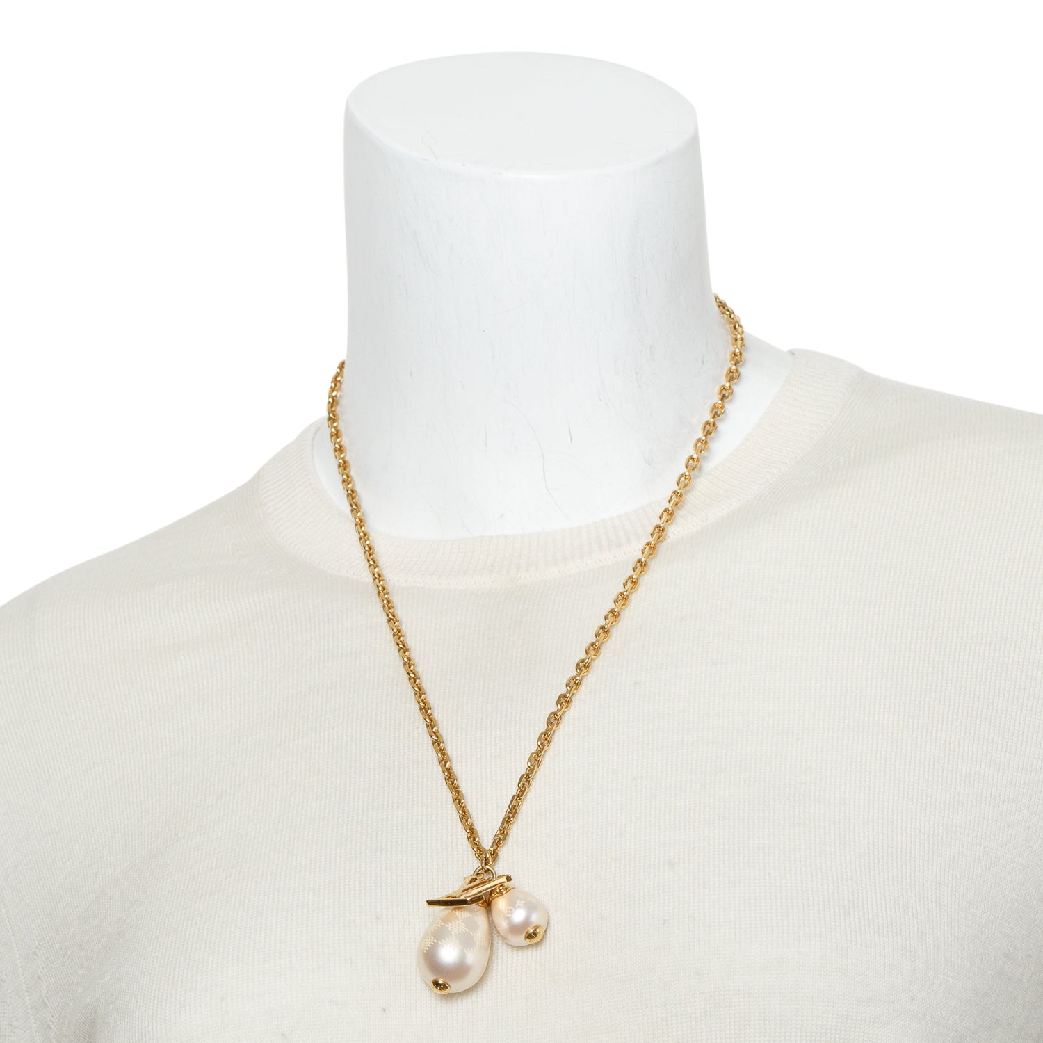 Louis Vuitton Gold-Plated Faux Pearl Monogram Damier Pendant Necklace