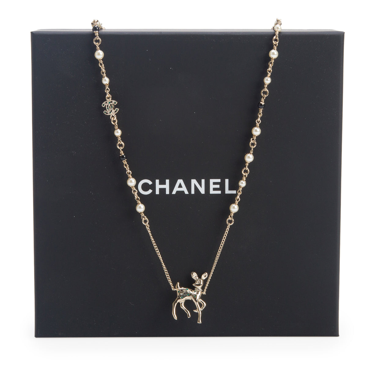 Chanel 2026 Gold-Plated Metal Strass CC Faux Pearl Raindeer Pendant Necklace w/ Box
