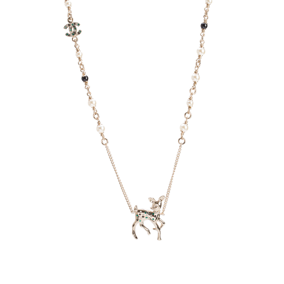Chanel 2026 Gold-Plated Metal Strass CC Faux Pearl Raindeer Pendant Necklace w/ Box