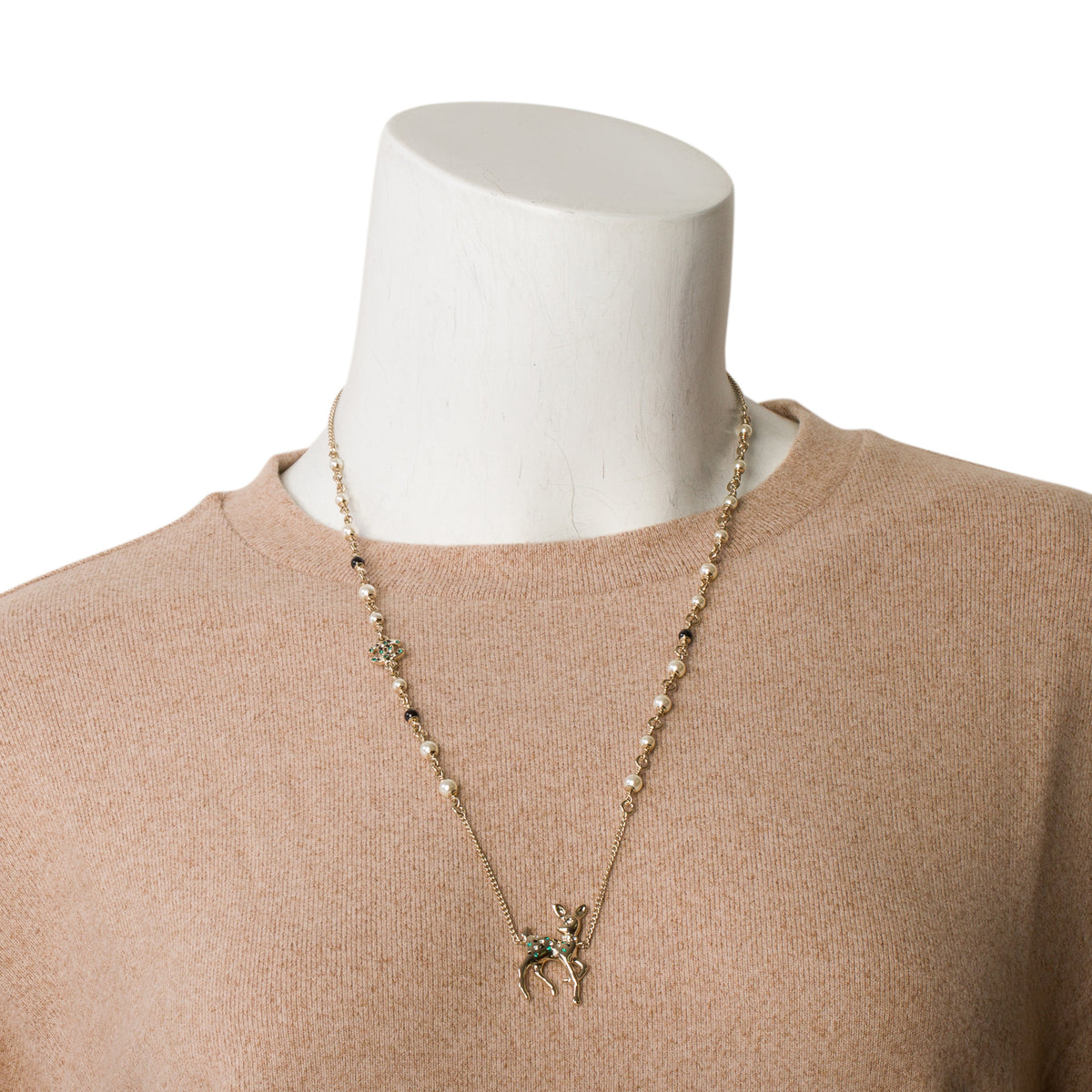 Chanel 2026 Gold-Plated Metal Strass CC Faux Pearl Raindeer Pendant Necklace w/ Box