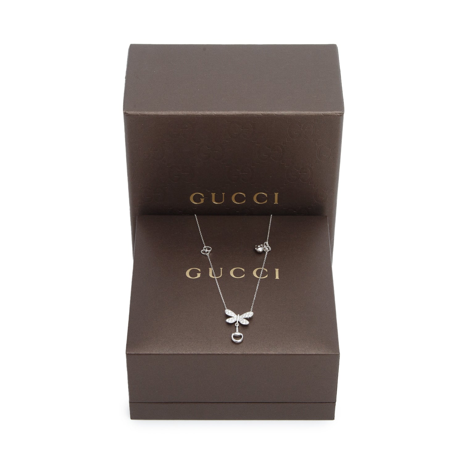 Gucci 18k White Gold Diamond Flora Butterfly Station Pendant Necklace w/ Box