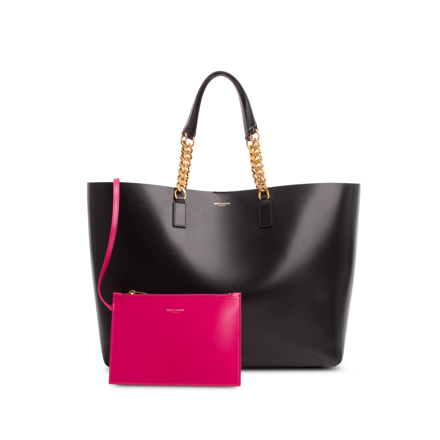 Saint Laurent 2021 Black Glazed Calfskin Double Chain Tote w/ Pouch