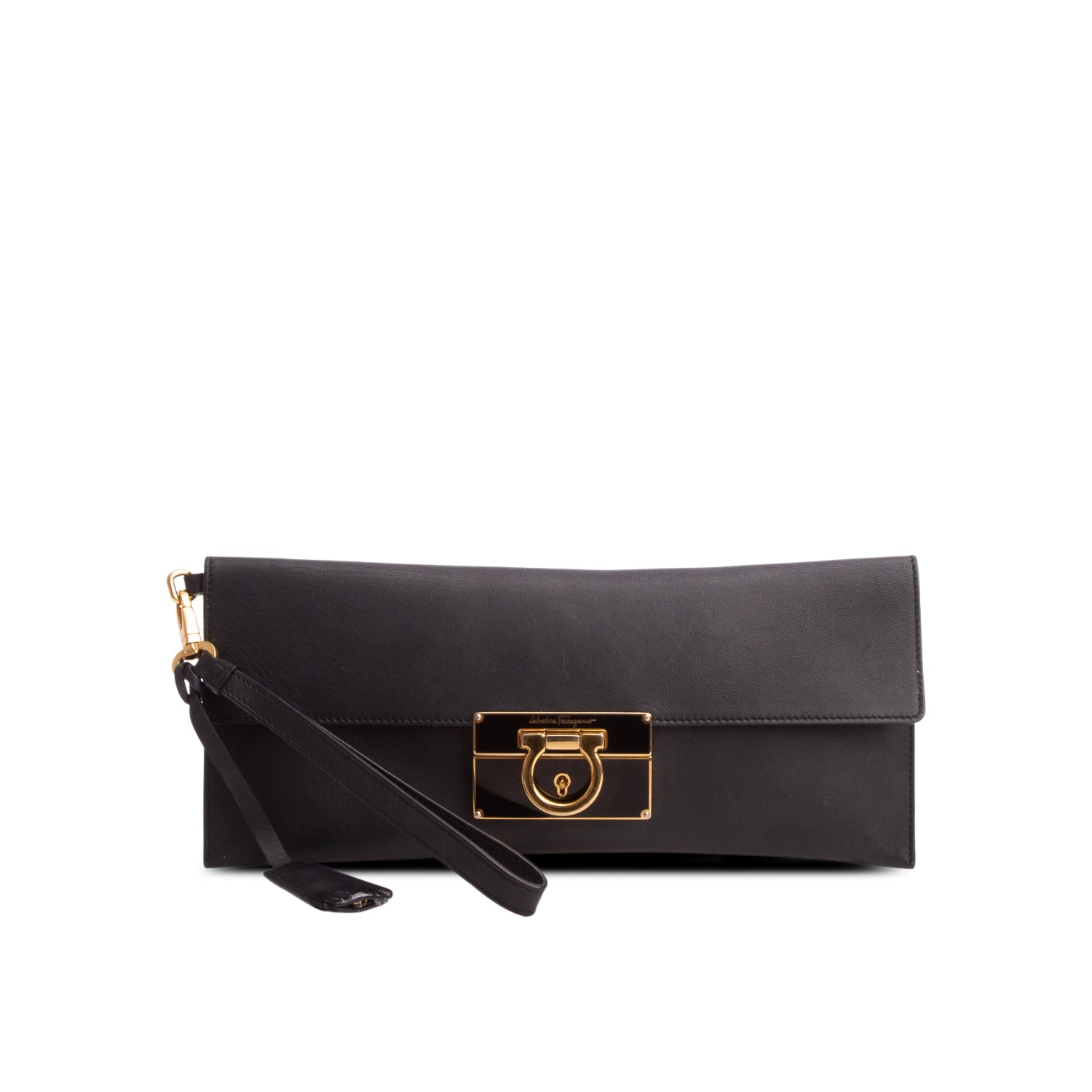 Ferragamo Black Calfskin Lock Story Clutch