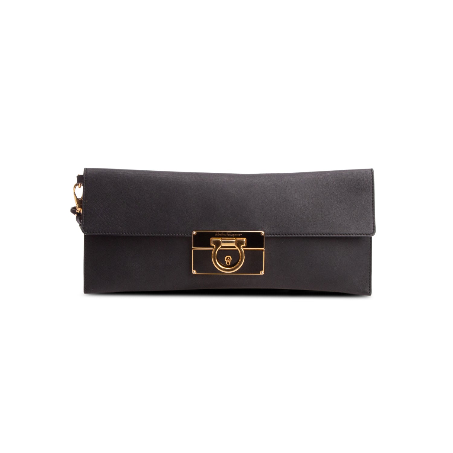 Ferragamo Black Calfskin Lock Story Clutch