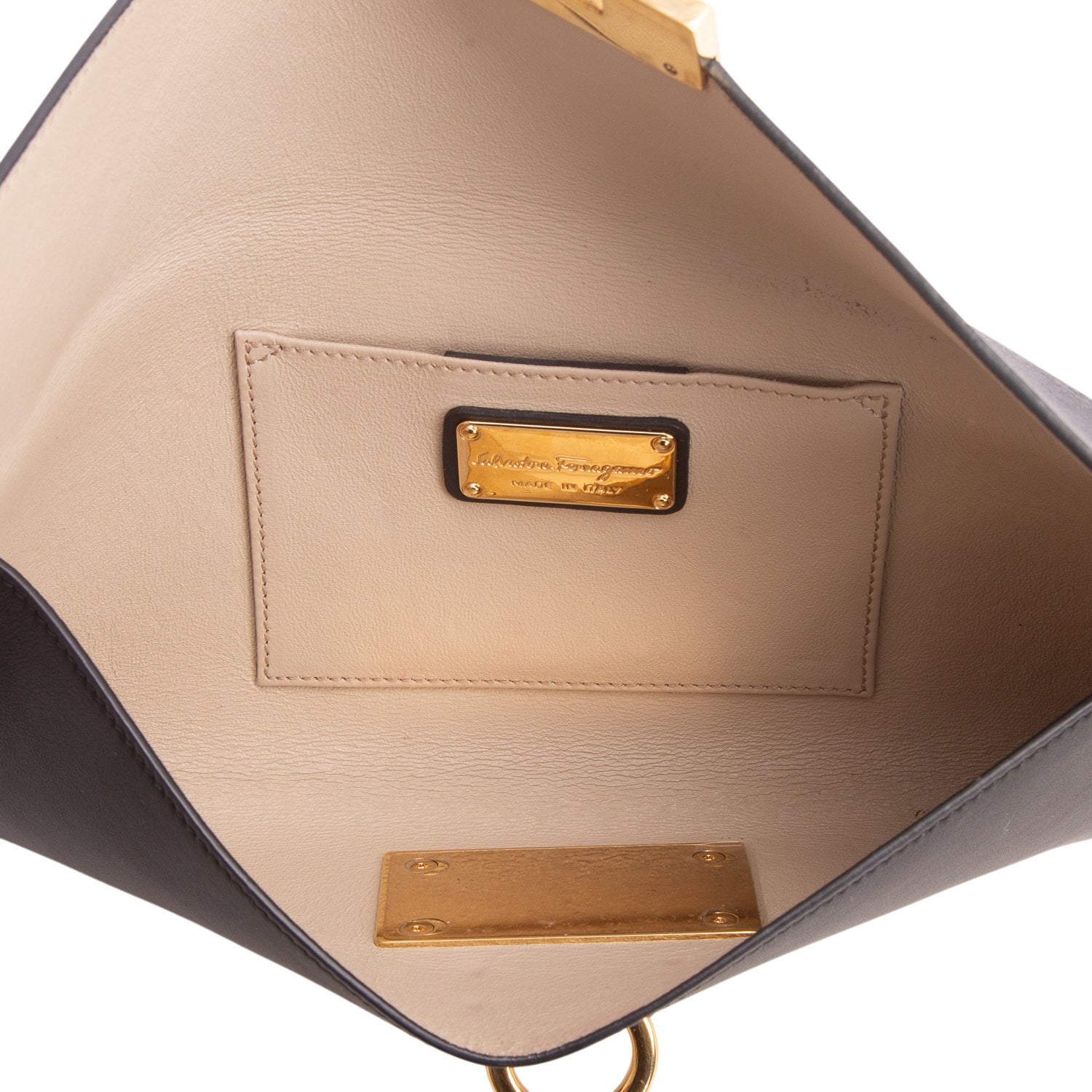 Ferragamo Black Calfskin Lock Story Clutch