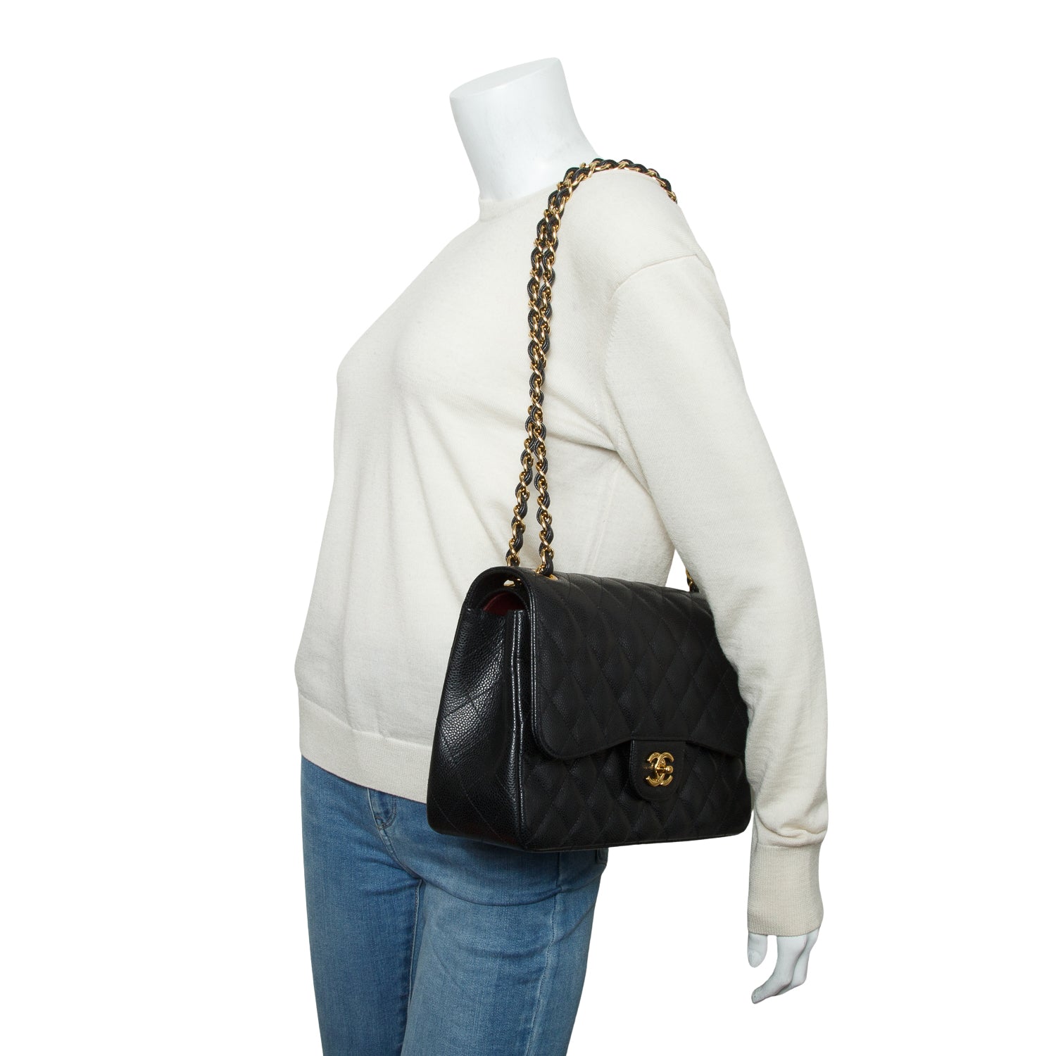 Chanel Black Quilted Caviar Leather Classic Jumbo Double Flap Bag w/ Box