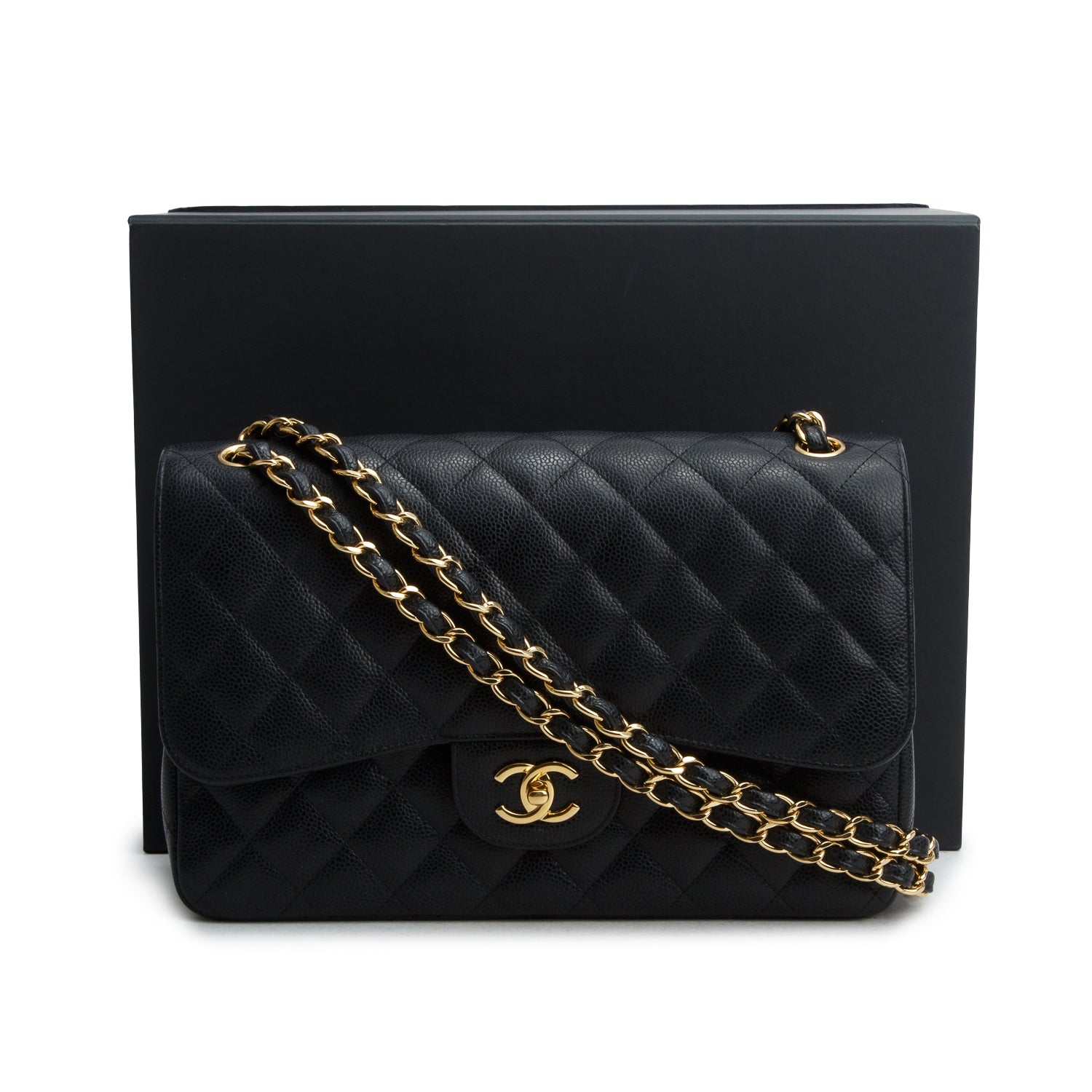 Chanel Black Quilted Caviar Leather Classic Jumbo Double Flap Bag w/ Box