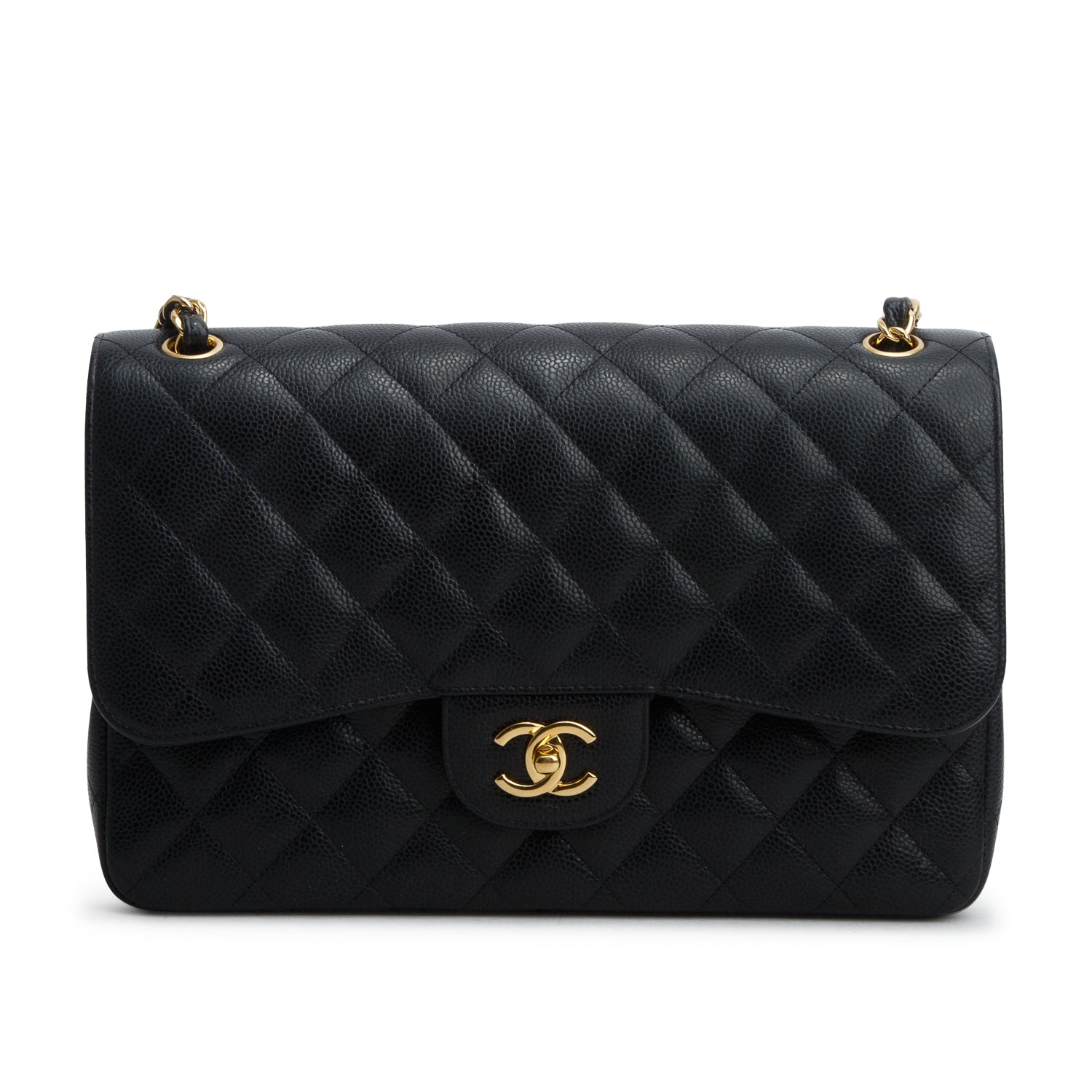 Chanel Black Quilted Caviar Leather Classic Jumbo Double Flap Bag w/ Box