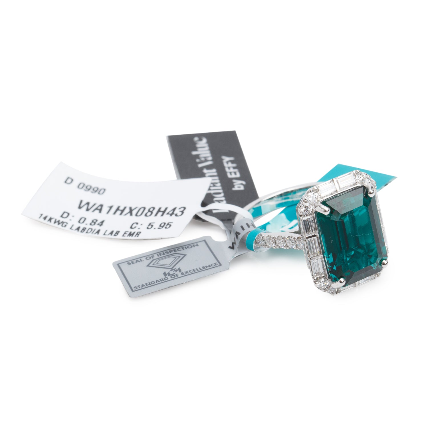 Effy 14k White Gold Synthetic Emerald & Diamond Ring, Size 7 w/ Box
