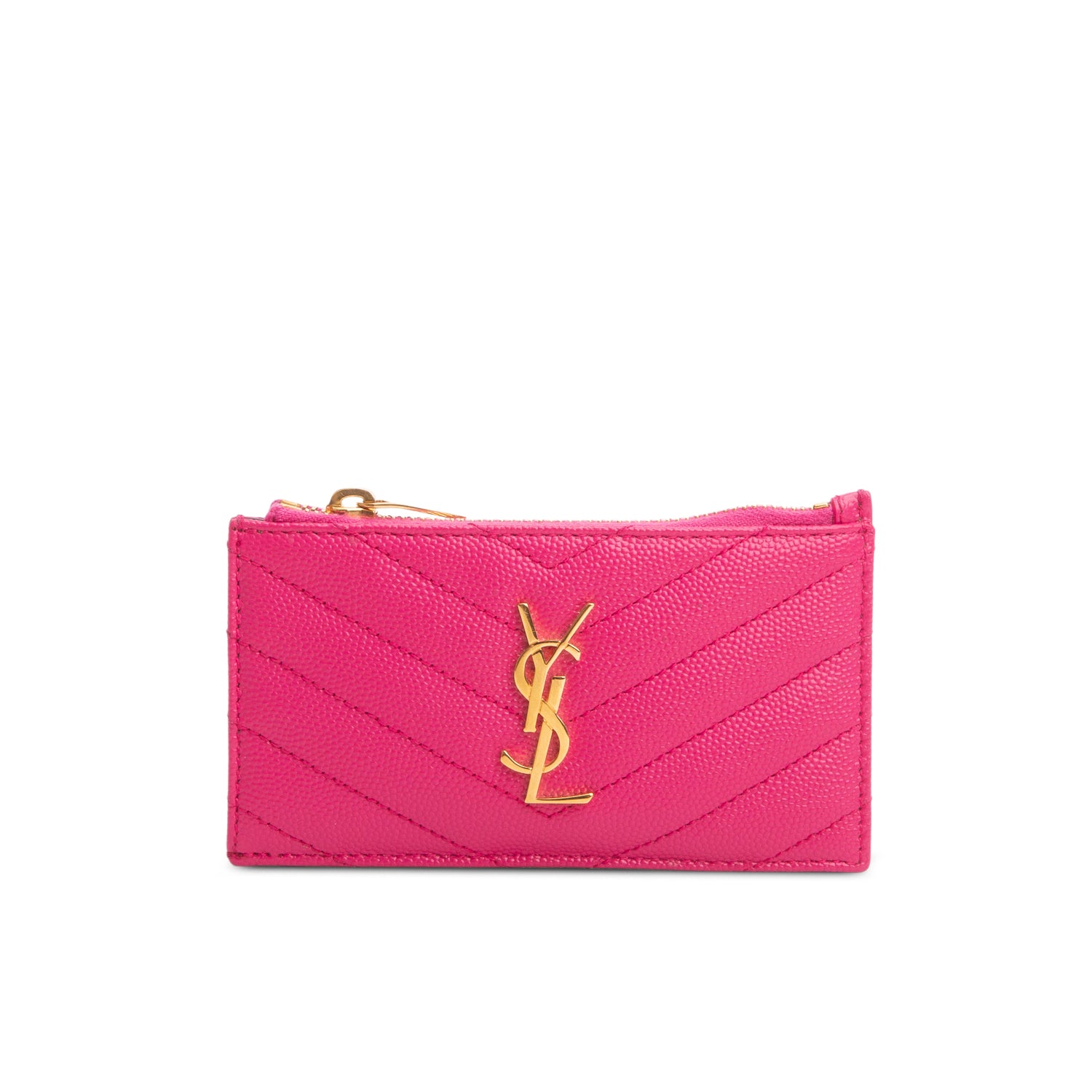 Saint Laurent 2023 Pink Grain De Poudre Leather Cassandre Matelasse Fragments Zipped Card Case