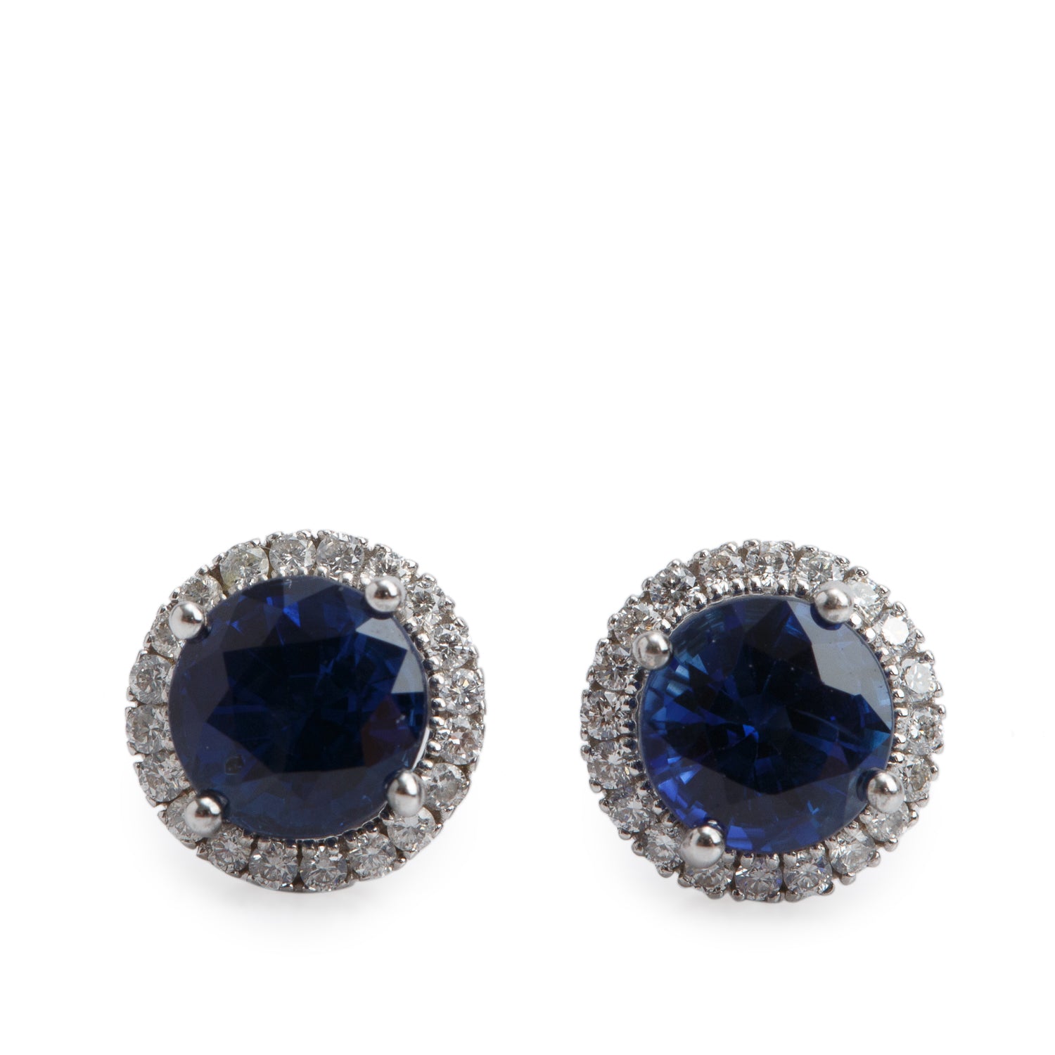 18k White Gold Blue Sapphire & Diamond Stud Earrings w/ Box