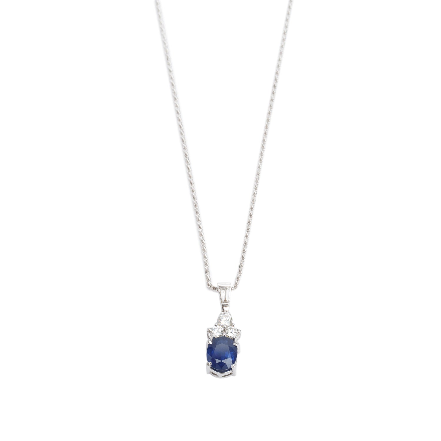 18k White Gold Blue Sapphire and Diamond Pendant Necklace