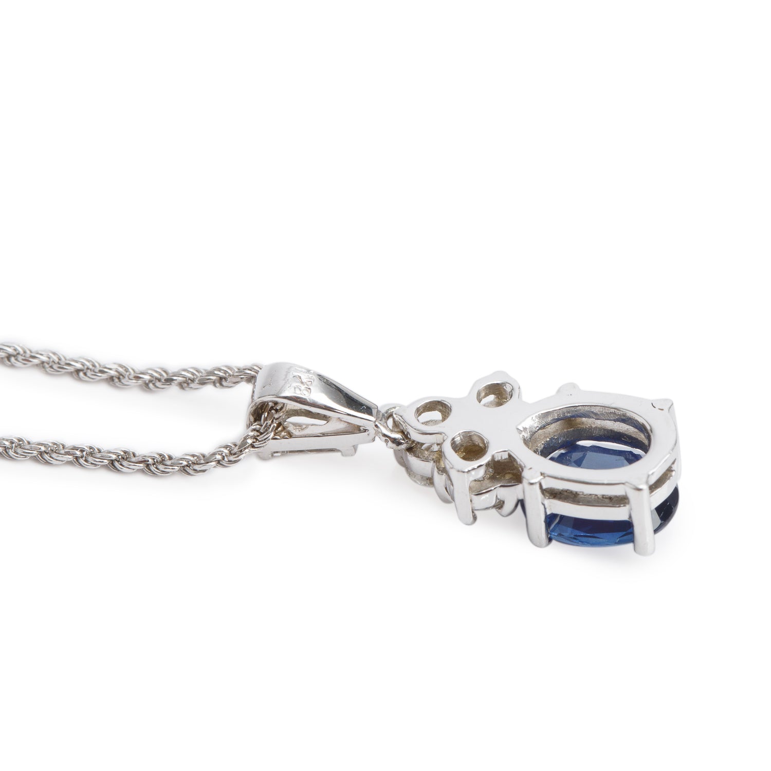 18k White Gold Blue Sapphire and Diamond Pendant Necklace