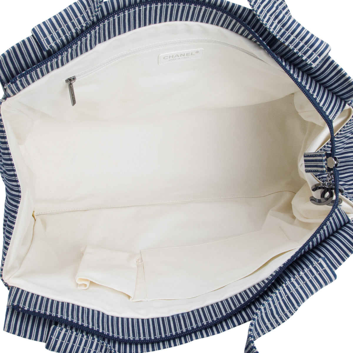 Chanel Blue/White Pinstripe Chambray CC Shopper Tote