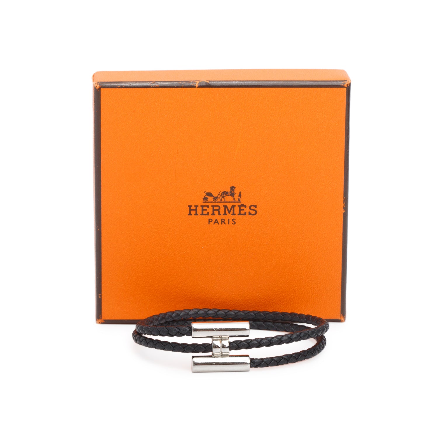 Hermes Palladium Plated Black Calfskin Leather Tournis Tresse Bracelet w/ Box