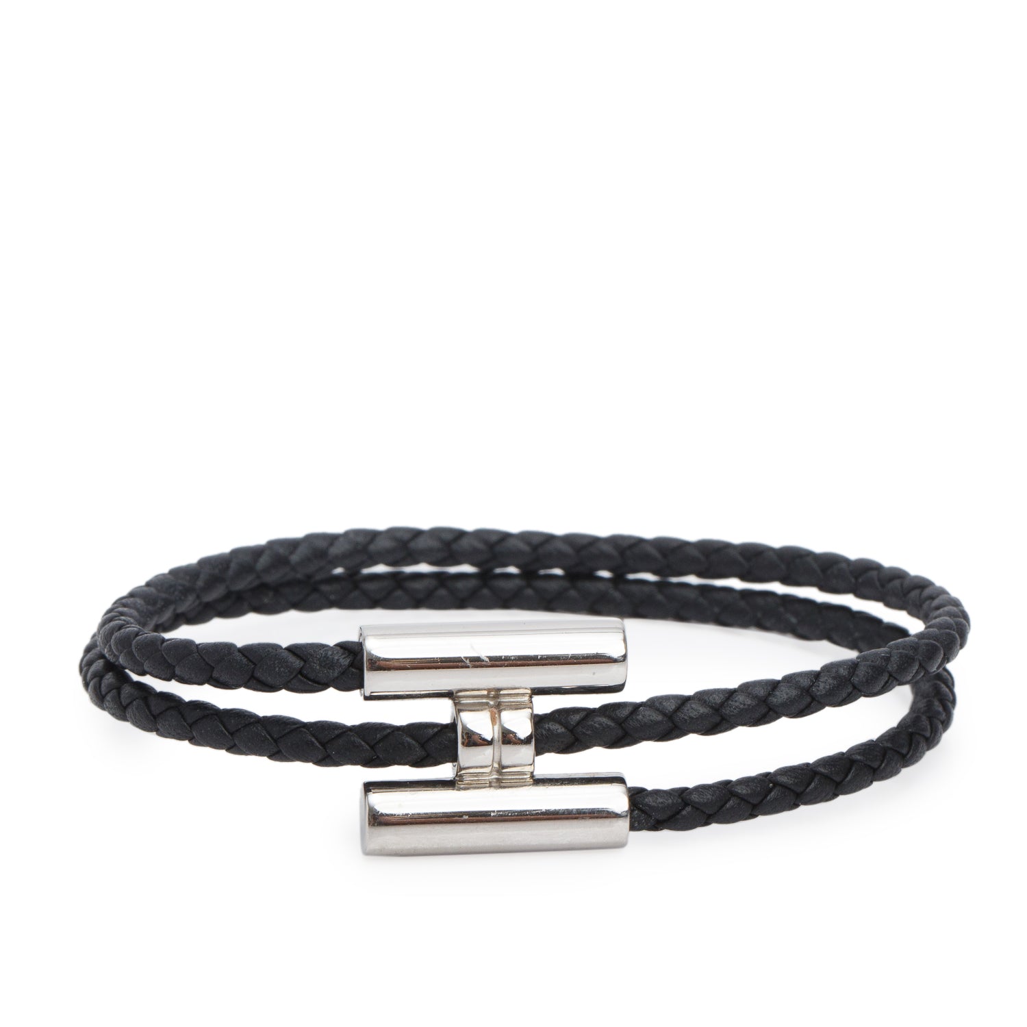 Hermes Palladium Plated Black Calfskin Leather Tournis Tresse Bracelet w/ Box