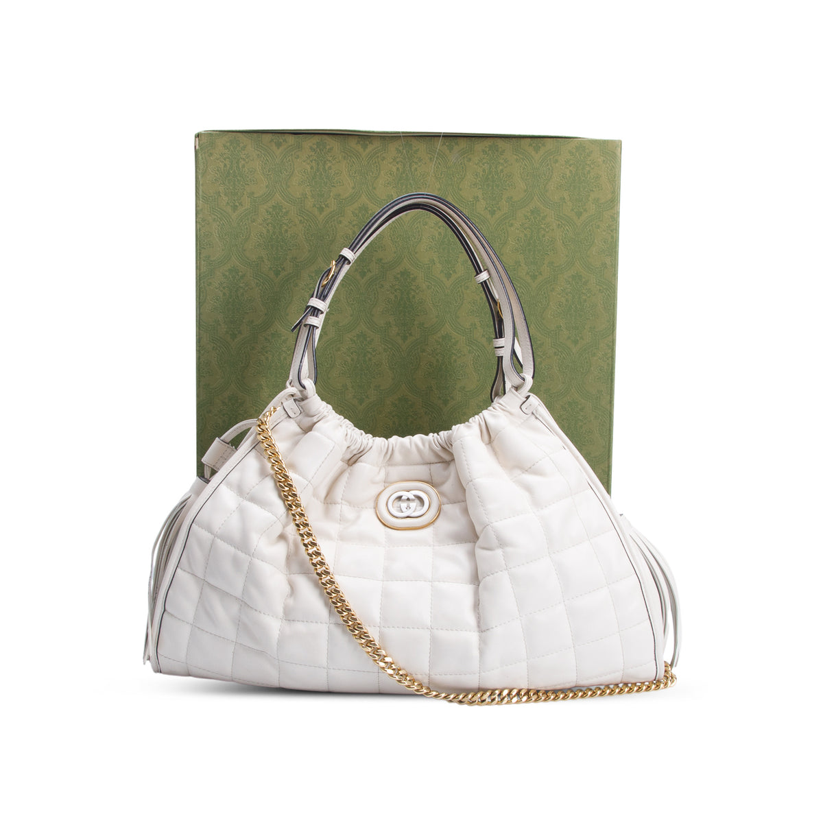 Gucci Cream Calfskin Quilted Medium Deco Tote Bag w/ Box