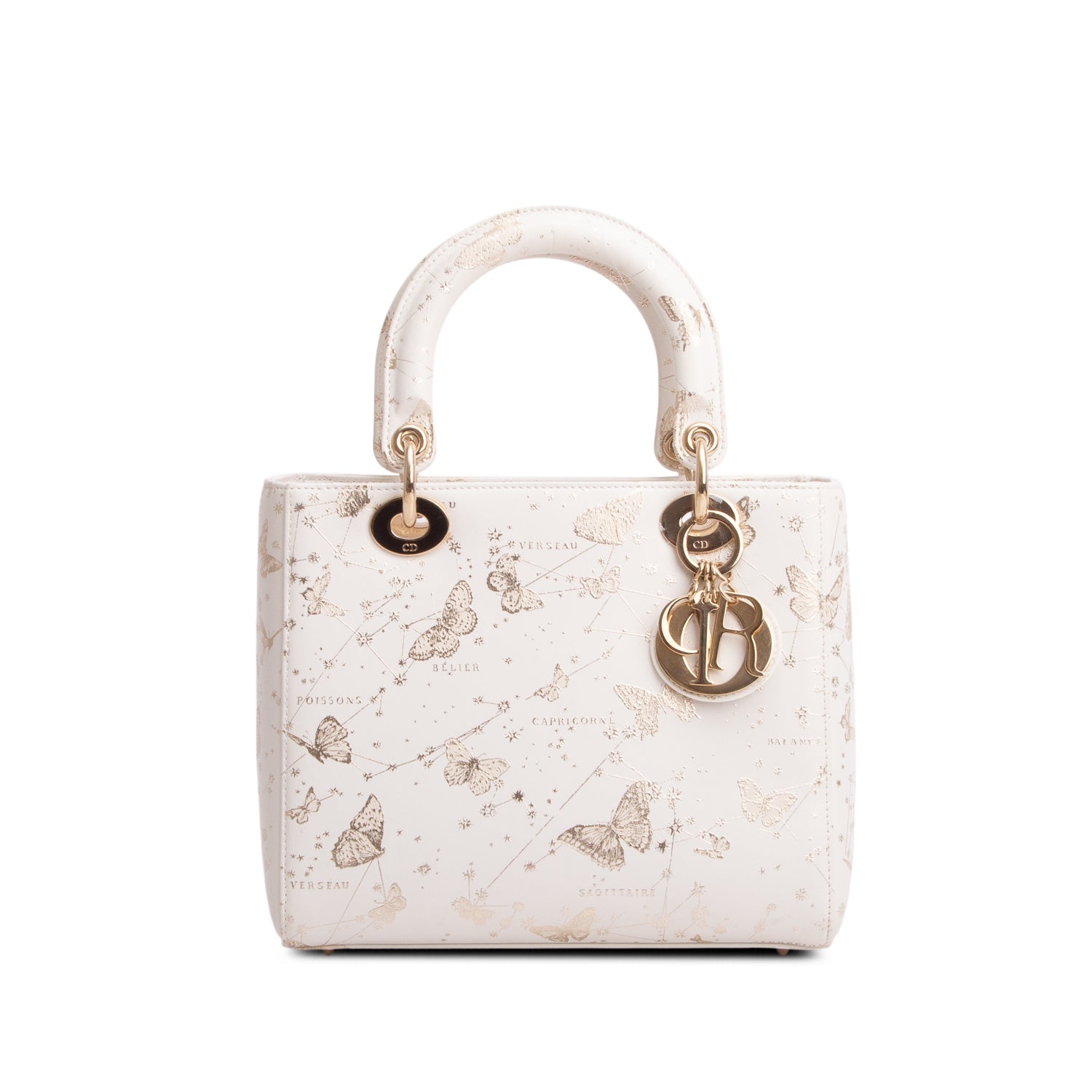 Christian Dior 2023 White Calfskin Butterfly Zodiac Print Medium Lady Dior w/ Strap & Authenticity Card