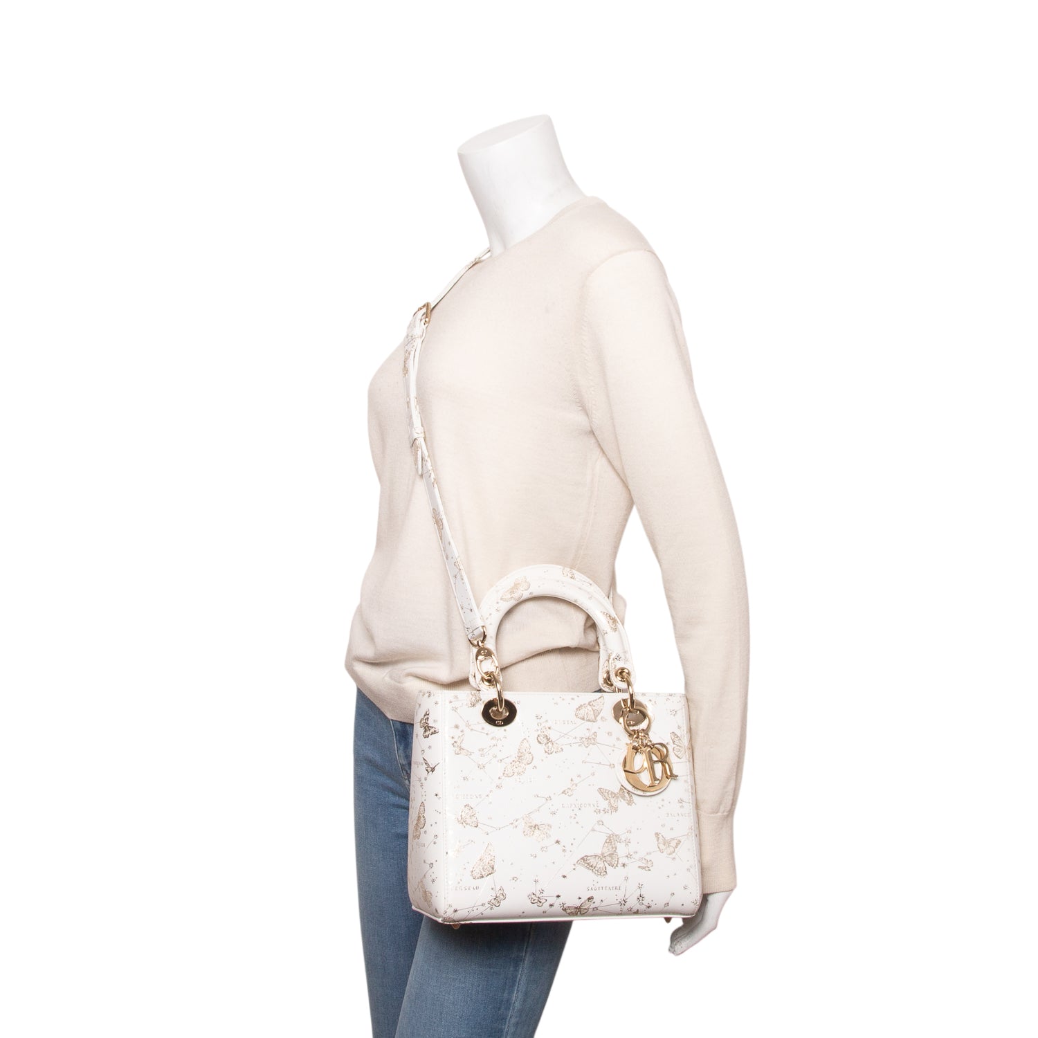 Christian Dior 2023 White Calfskin Butterfly Zodiac Print Medium Lady Dior w/ Strap & Authenticity Card