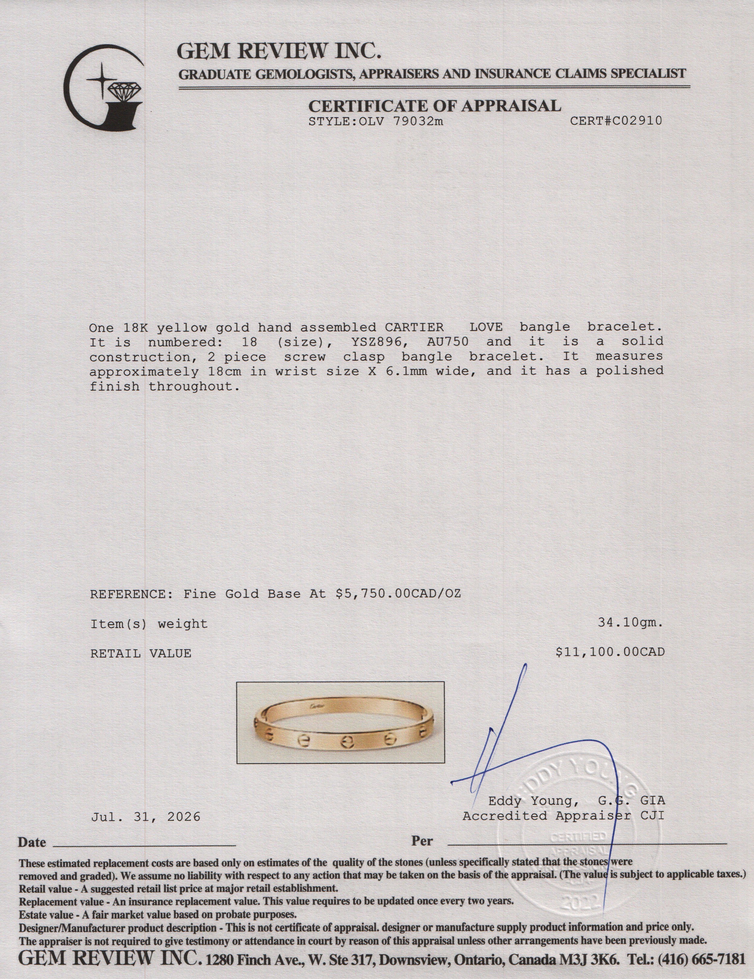 Cartier 2024 18k Yellow Gold Love Bracelet, Classic Model, Size 18 w/ Box, Receipt & Certificate