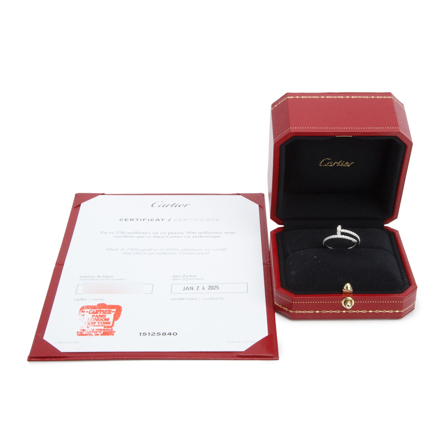 Cartier 2025 18k White Gold Half-Paved Diamond Juste Un Clou Ring, Small Model Size 50 5.25 w/ Box, Receipt & Certificate