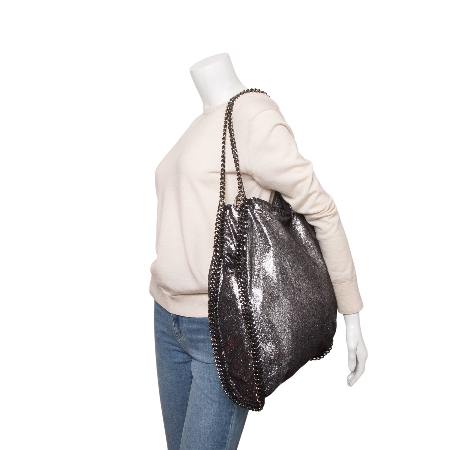 Stella McCartney Silver Vegan Shaggy Deer Fabric Falabella Fold-Over Tote w/ Pouch