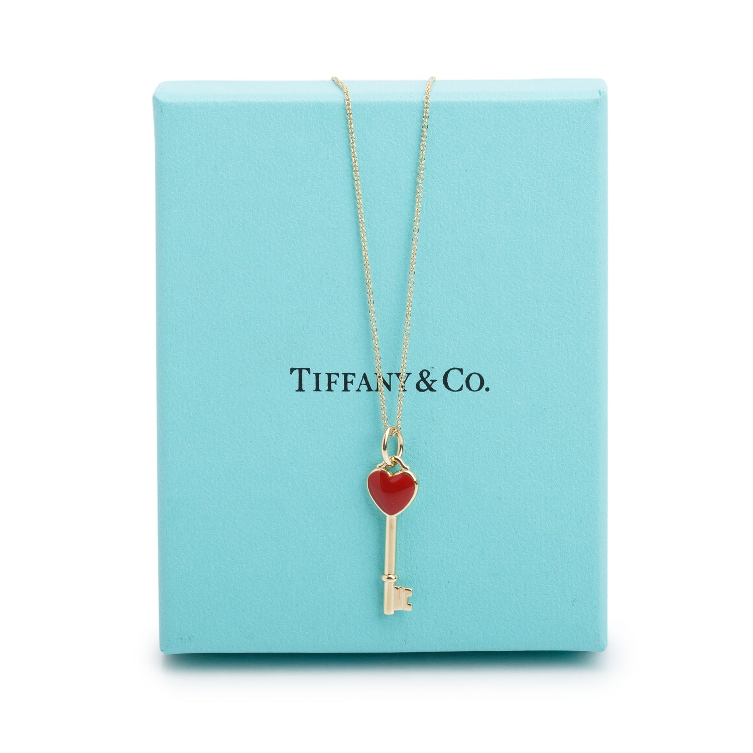 Tiffany & Co. 18k Yellow Gold Red Enamel Mini Heart Key Pendant Necklace w/ Box