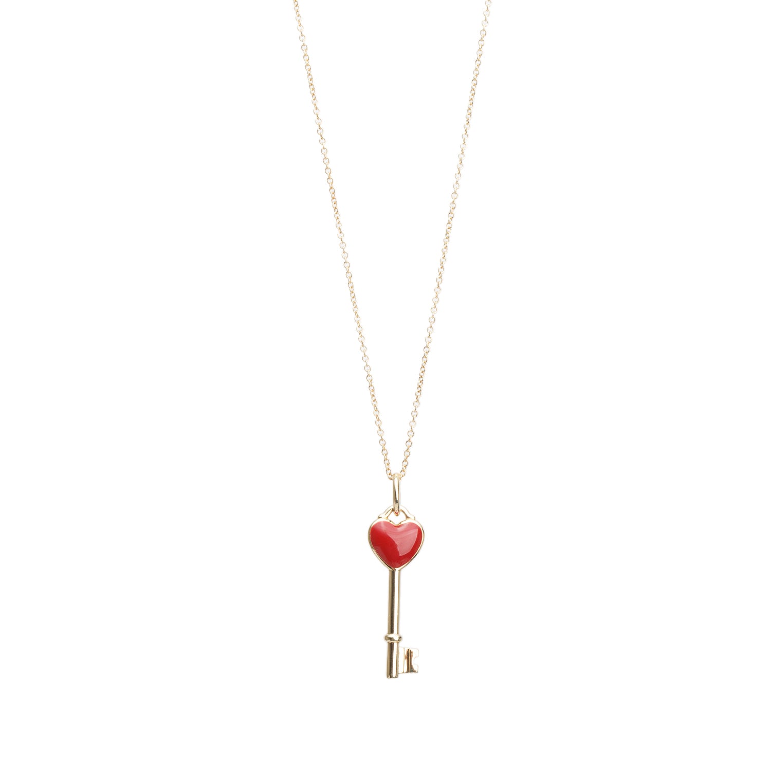 Tiffany & Co. 18k Yellow Gold Red Enamel Mini Heart Key Pendant Necklace w/ Box