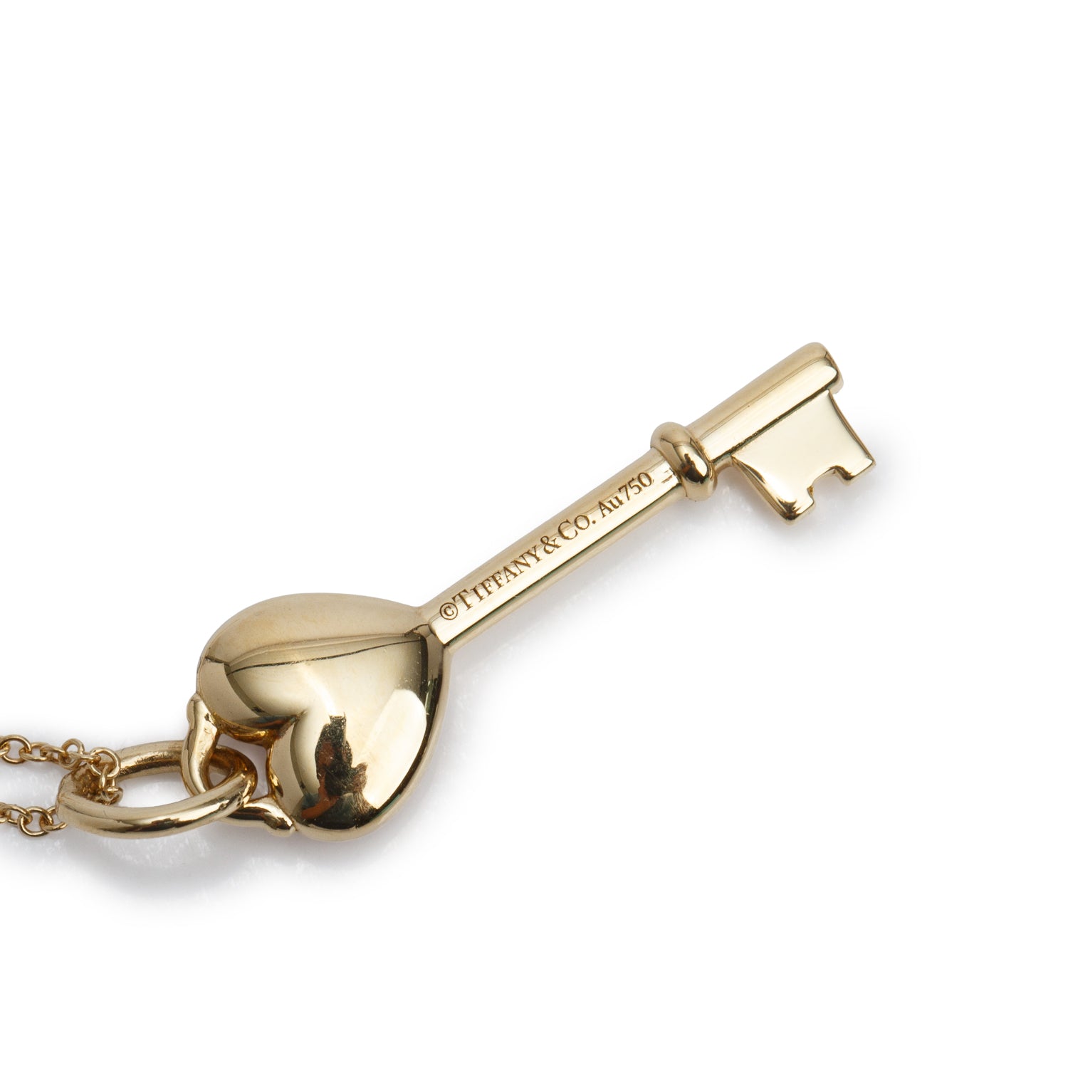 Tiffany & Co. 18k Yellow Gold Red Enamel Mini Heart Key Pendant Necklace w/ Box