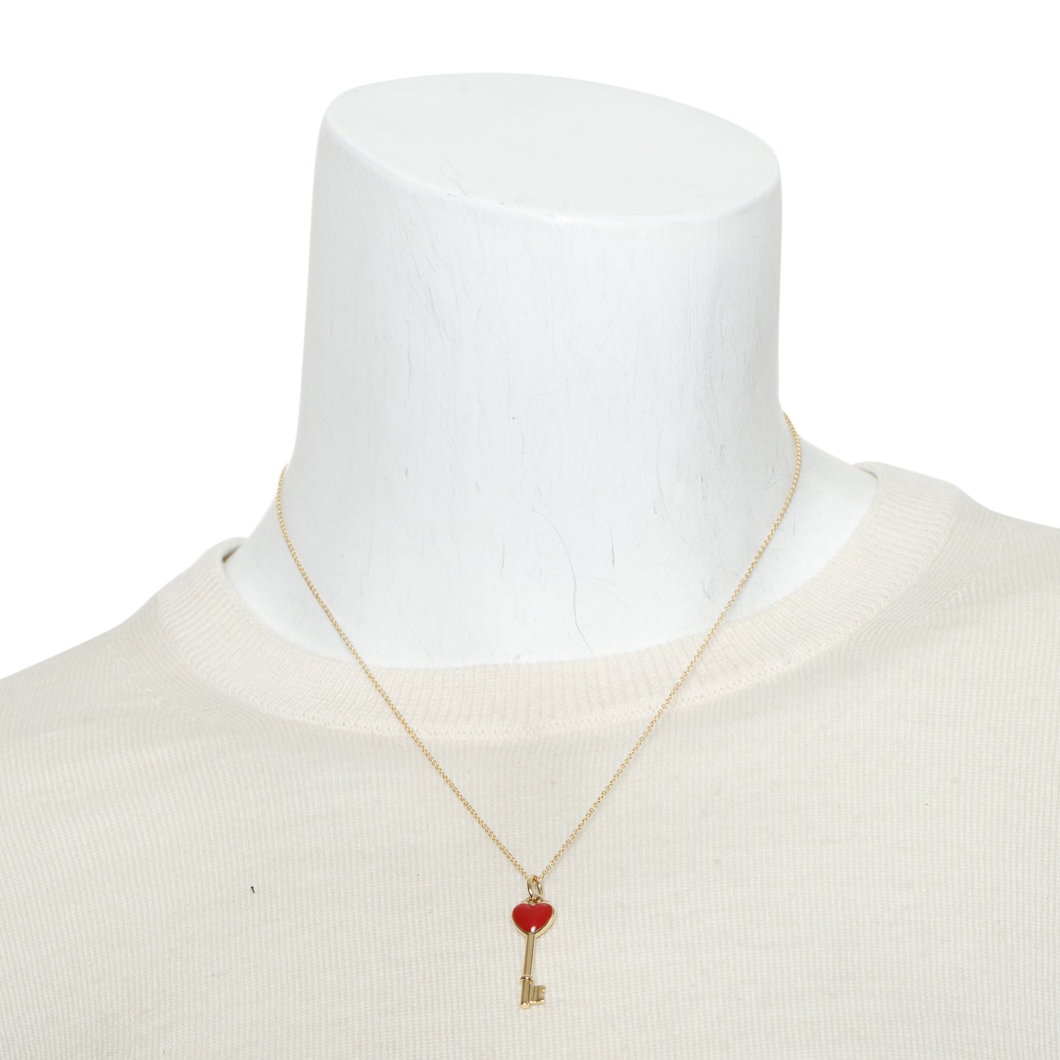 Tiffany & Co. 18k Yellow Gold Red Enamel Mini Heart Key Pendant Necklace w/ Box