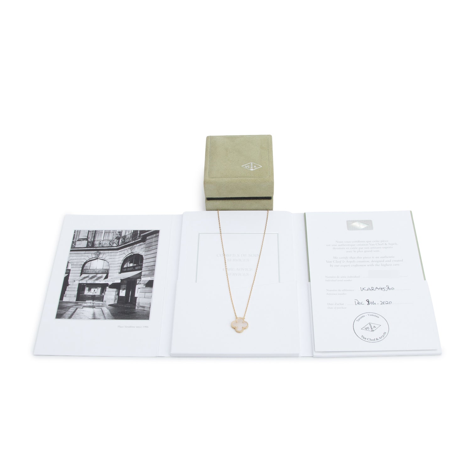 Van Cleef & Arpels 2020 18k Yellow Gold Vintage Alhambra Mother of Pearl Pendant Necklace w/ Box, Receipt & Certificate