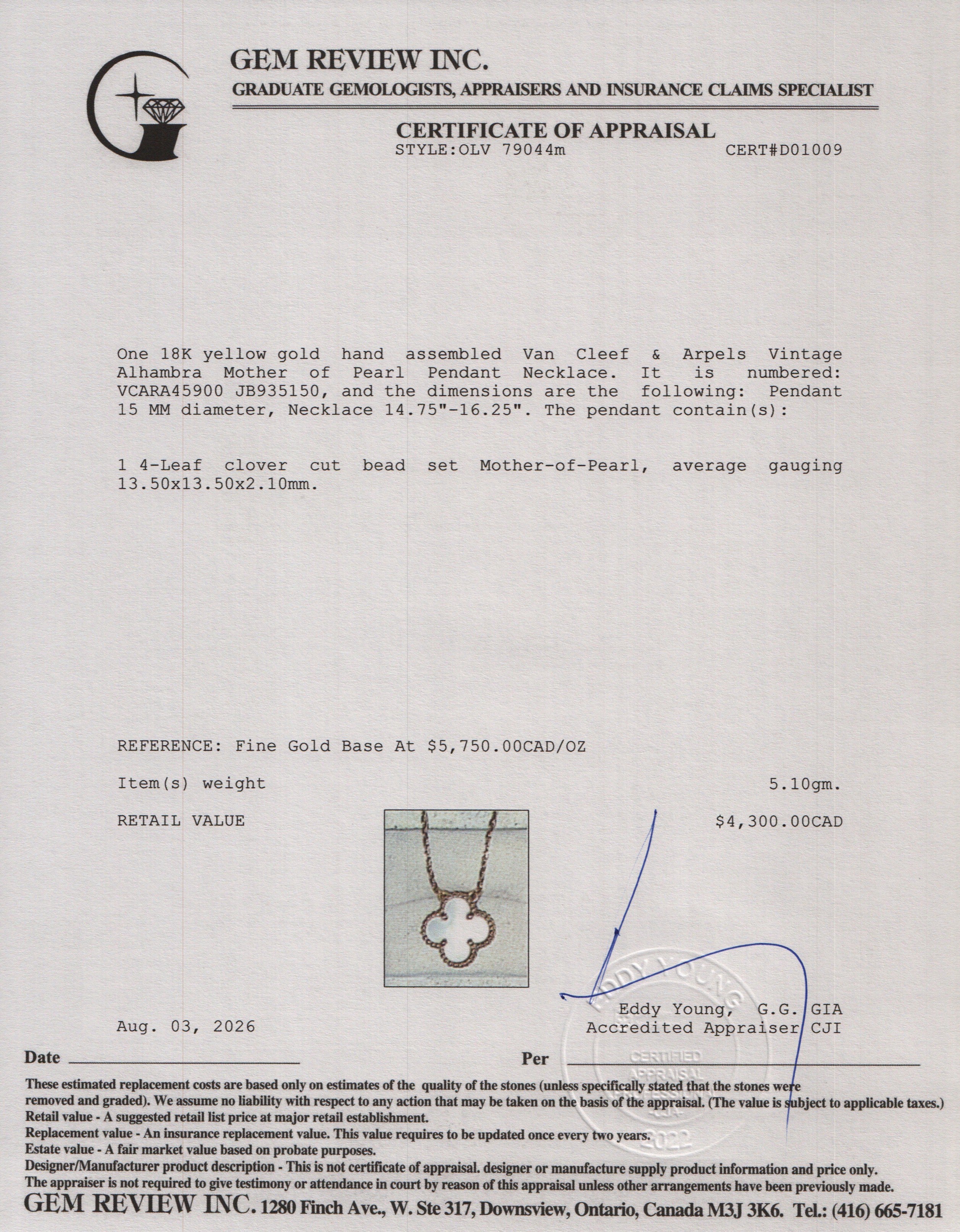 Van Cleef & Arpels 2020 18k Yellow Gold Vintage Alhambra Mother of Pearl Pendant Necklace w/ Box, Receipt & Certificate