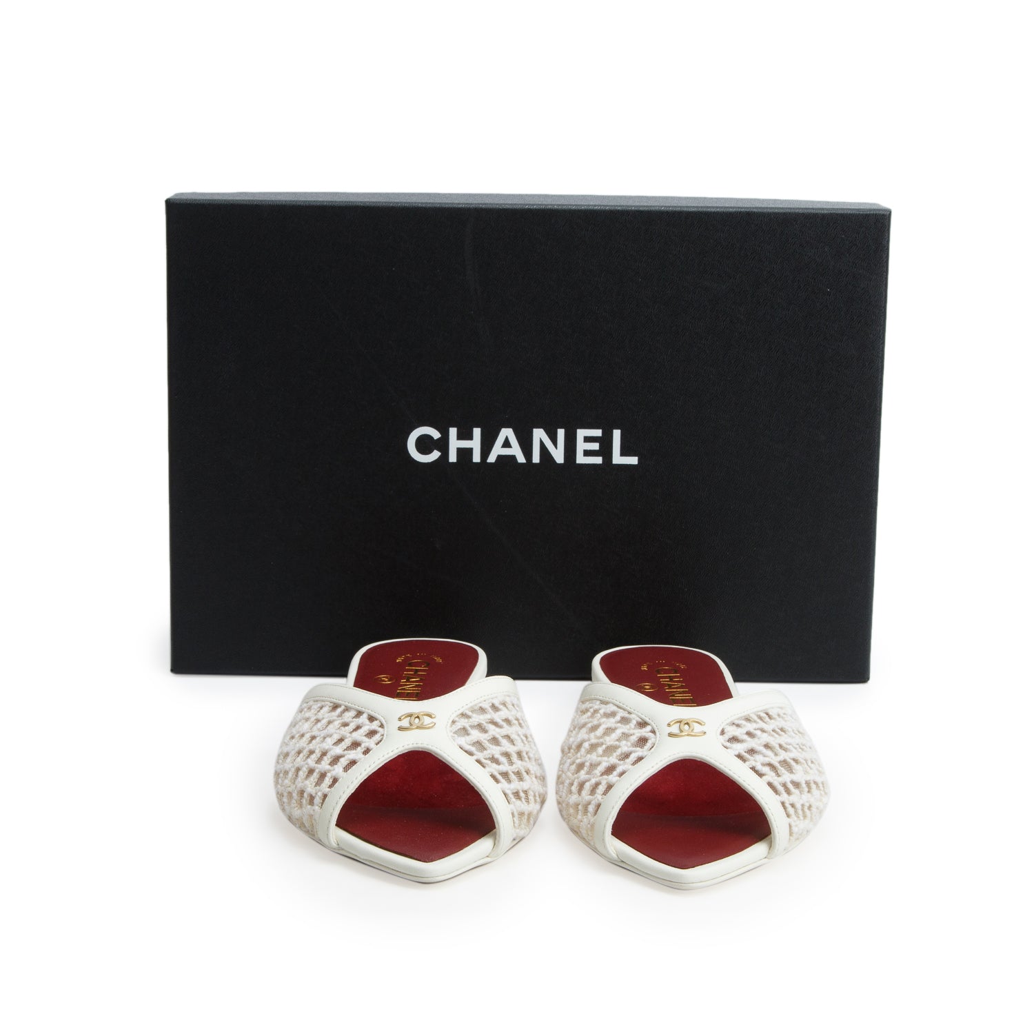 Chanel 2026 White Mesh Lambskin Coco Beach Mules, Women's Size 38.5 w/ Box