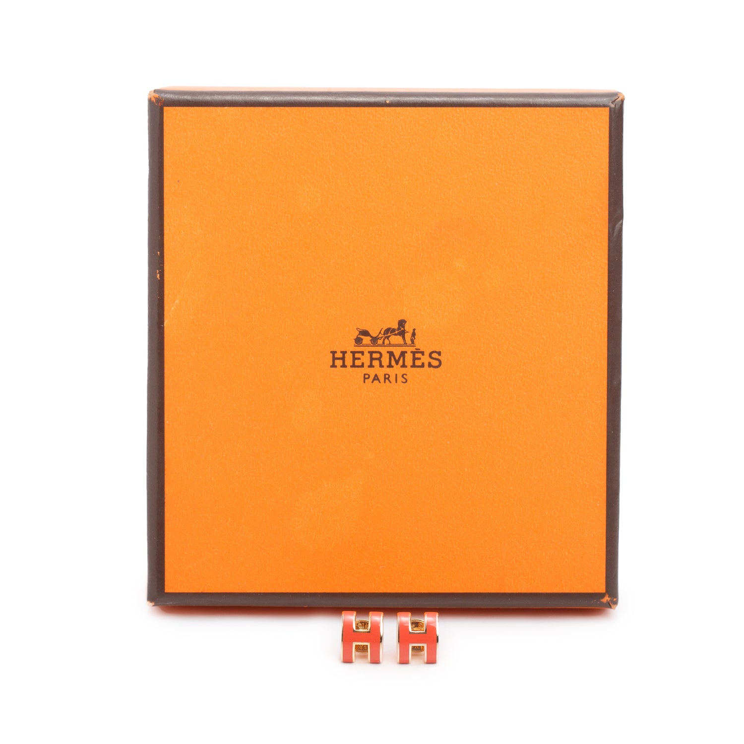 Hermes Rose Gold Plated Pink Lacquered Mini Pop H Earrings w/ Box