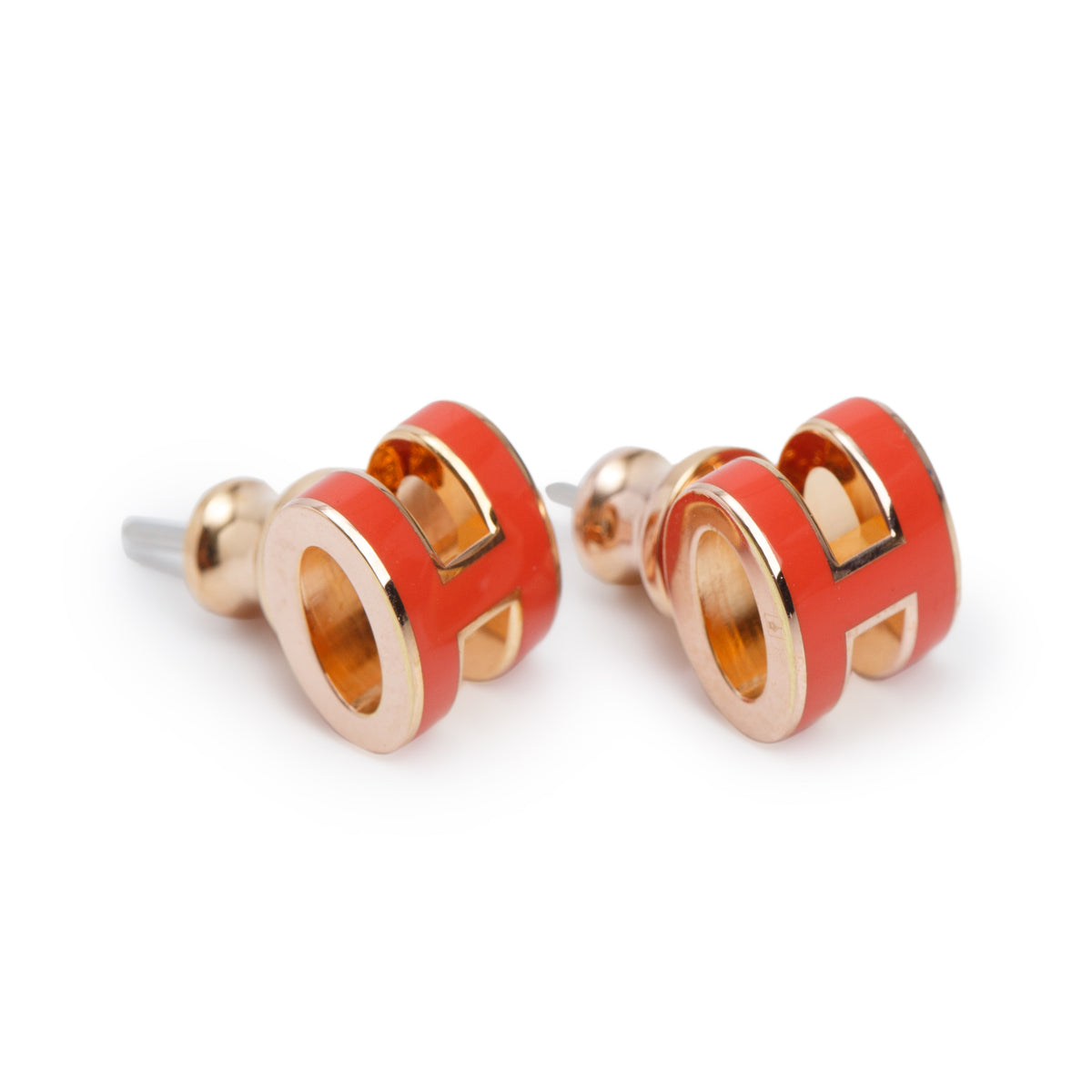 Hermes Rose Gold Plated Pink Lacquered Mini Pop H Earrings w/ Box