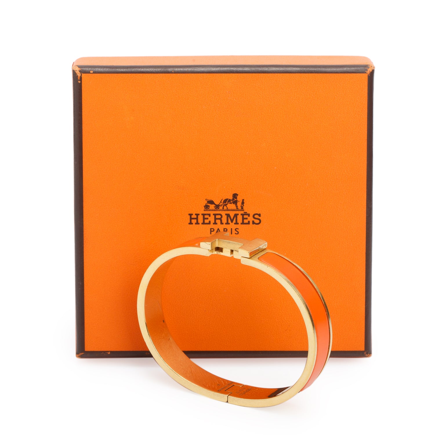 Hermes Yellow Gold Plated Orange Enamel 12 MM Clic H Bracelet w/ Box