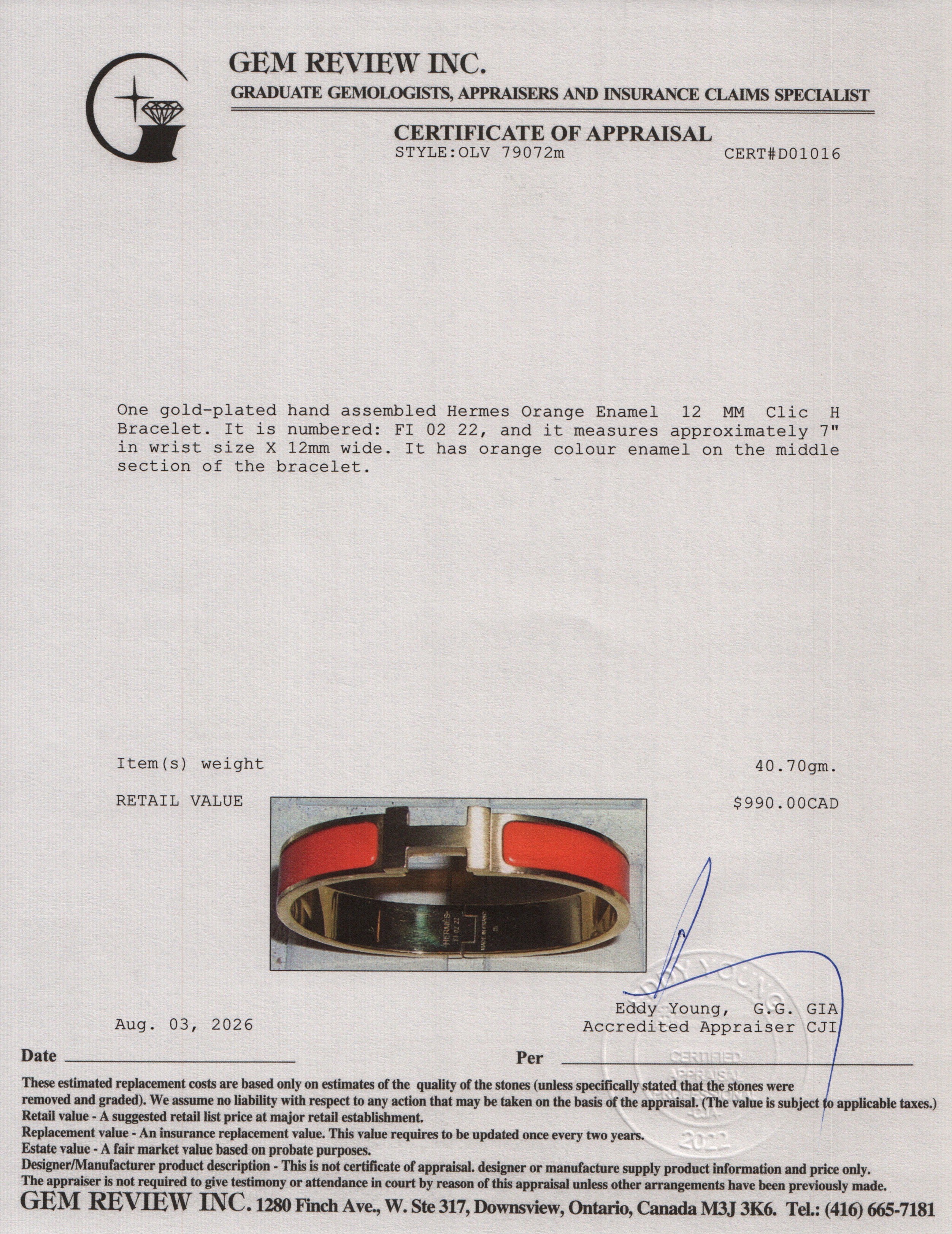 Hermes Yellow Gold Plated Orange Enamel 12 MM Clic H Bracelet w/ Box