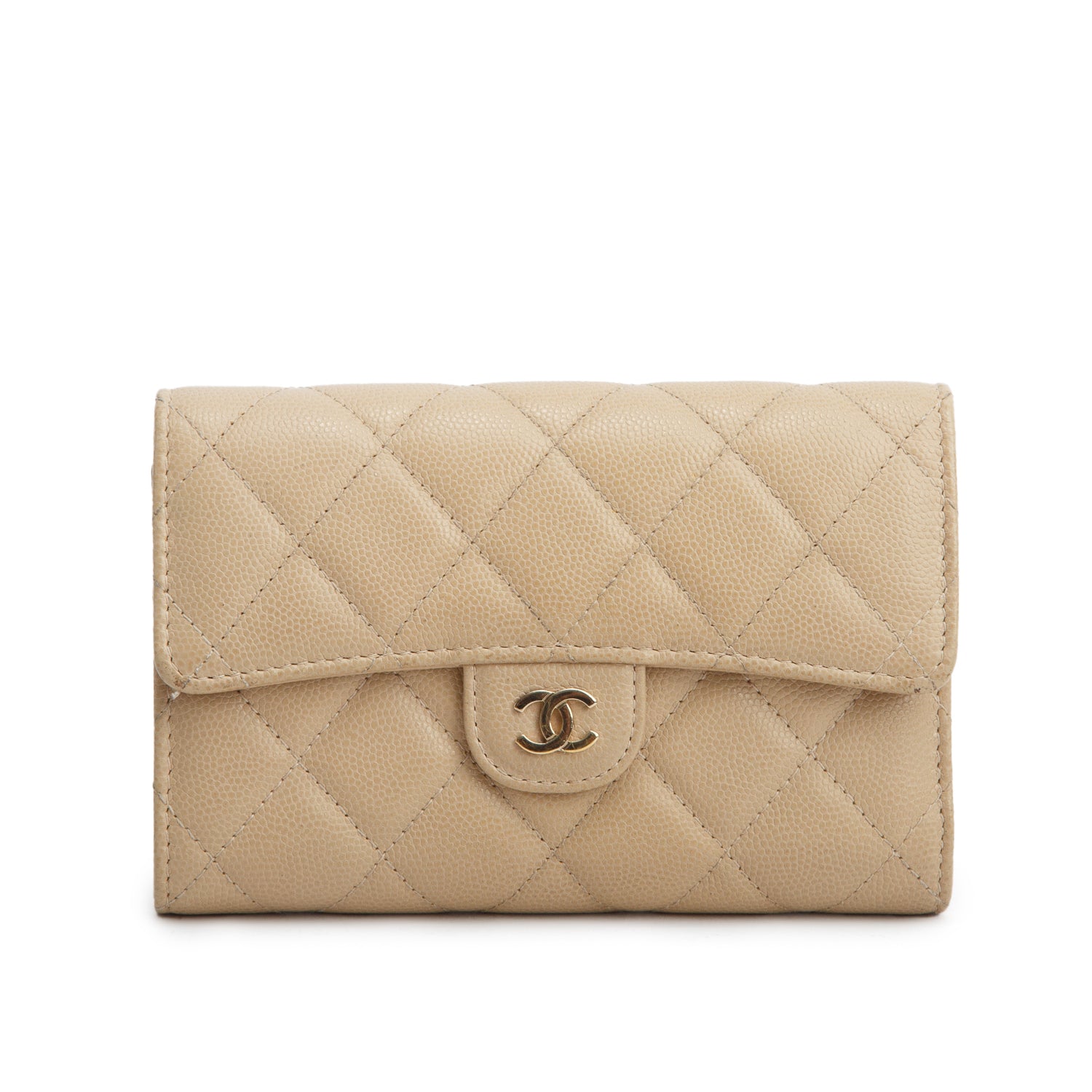 Chanel Beige Caviar Leather Medium Classic Flap Wallet w/ Authenticity Card