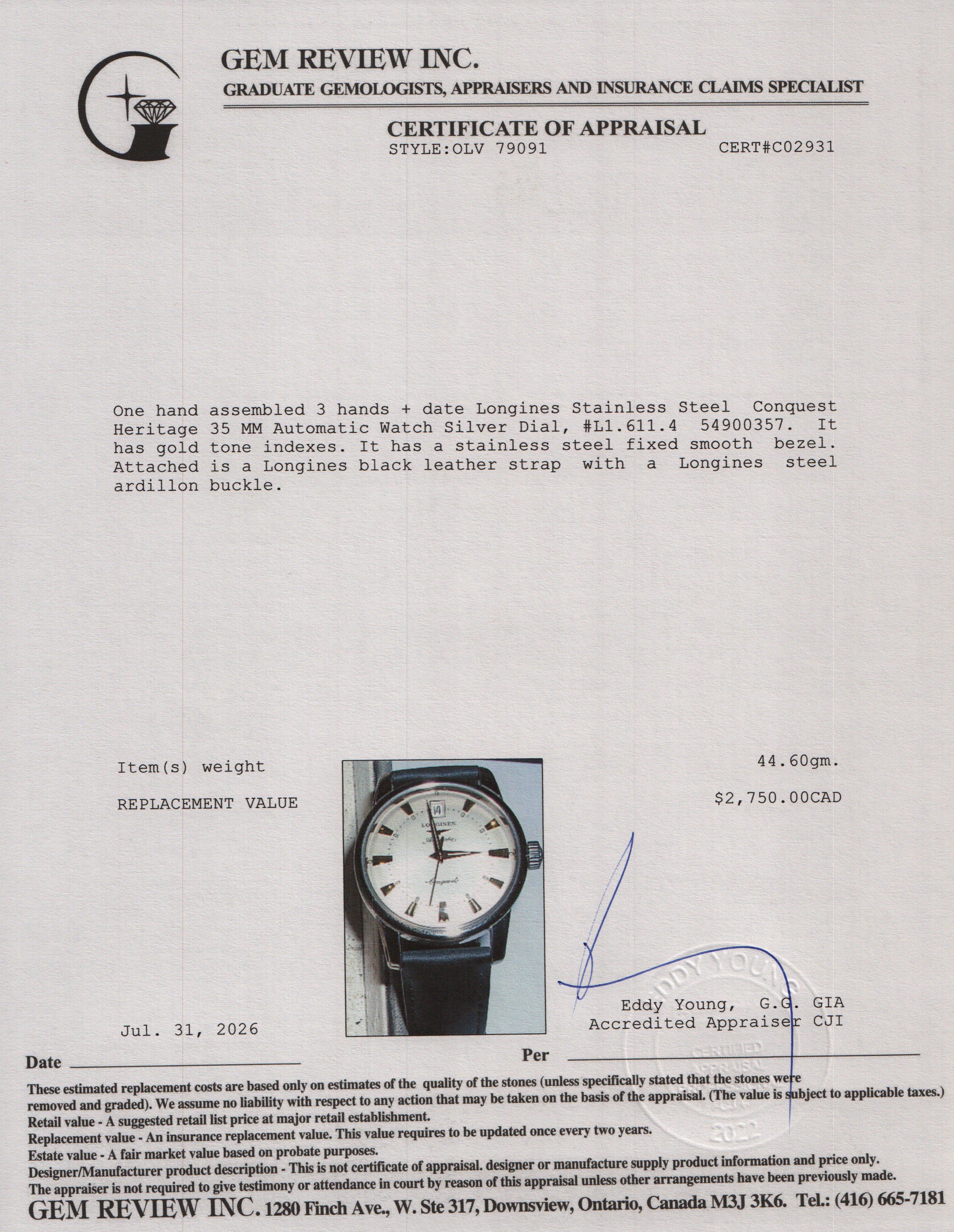 Longines Stainless Steel Conquest Heritage 35 MM Automatic Watch Silver Dial w/ Box