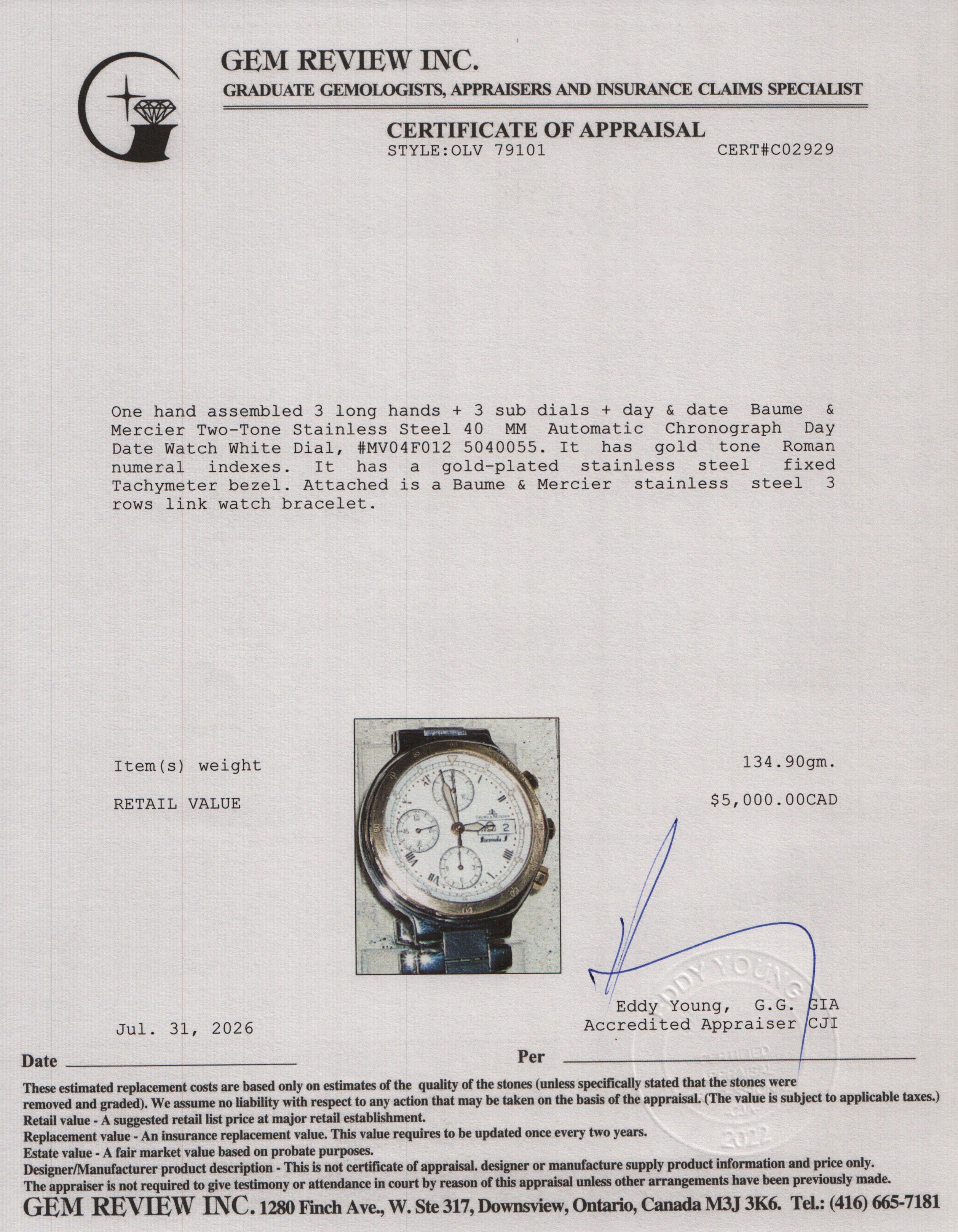 Baume & Mercier Two-Tone Stainless Steel 40 MM Automatic Chronograph Day Date Watch White Dial