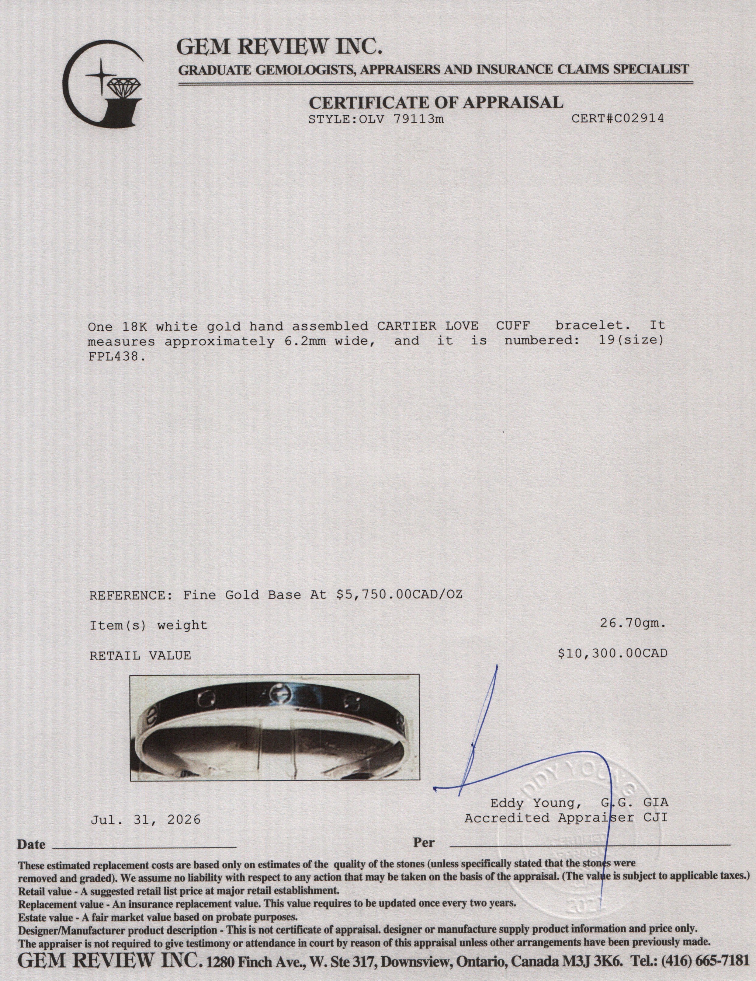 Cartier 18k White Gold Love Cuff, Size 19 w/ Box & Receipt