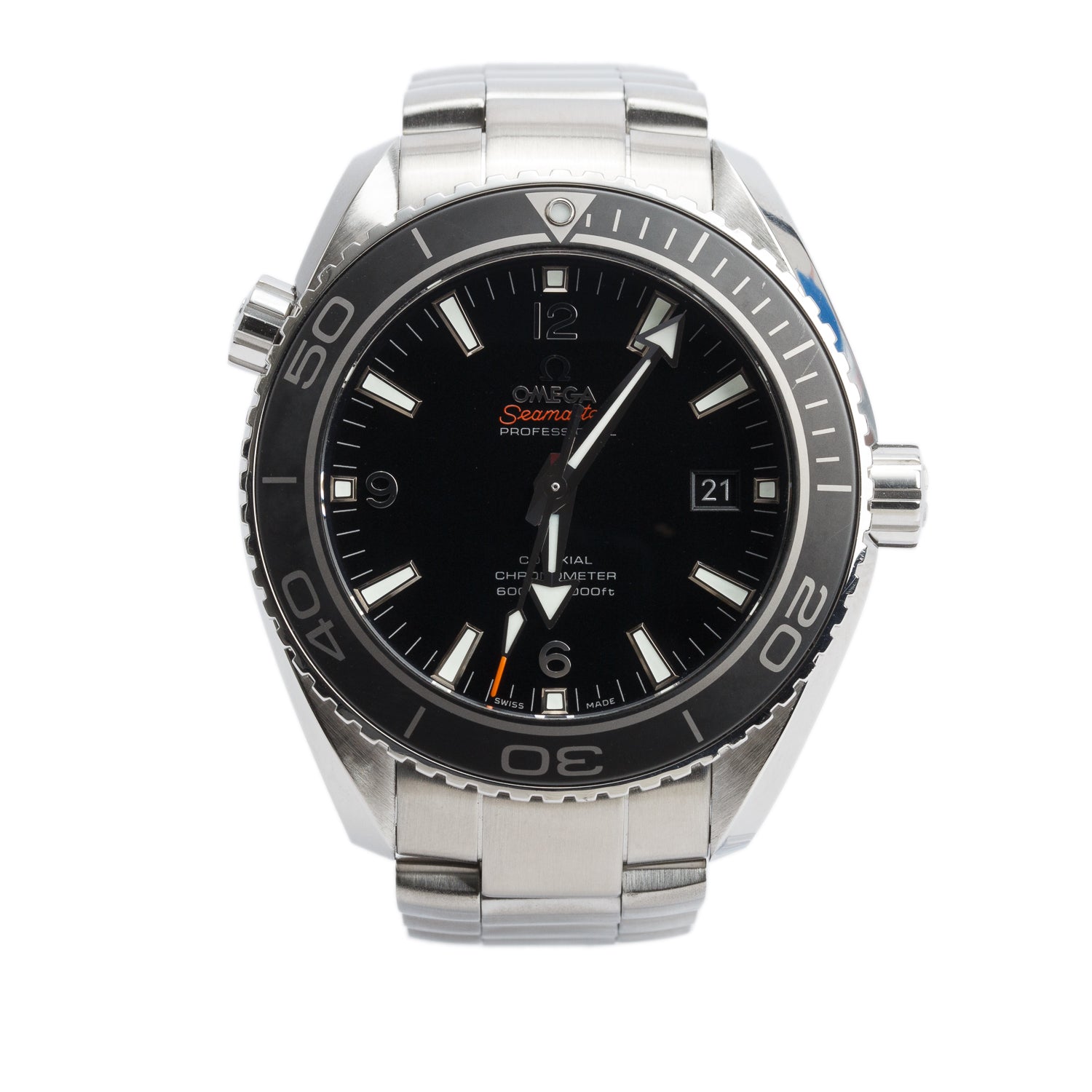 Omega Stainless Steel Seamaster Planet Ocean Co-Axial Chronometer 45.5 MM Automatic Watch Black Dial w/ Box & Papers