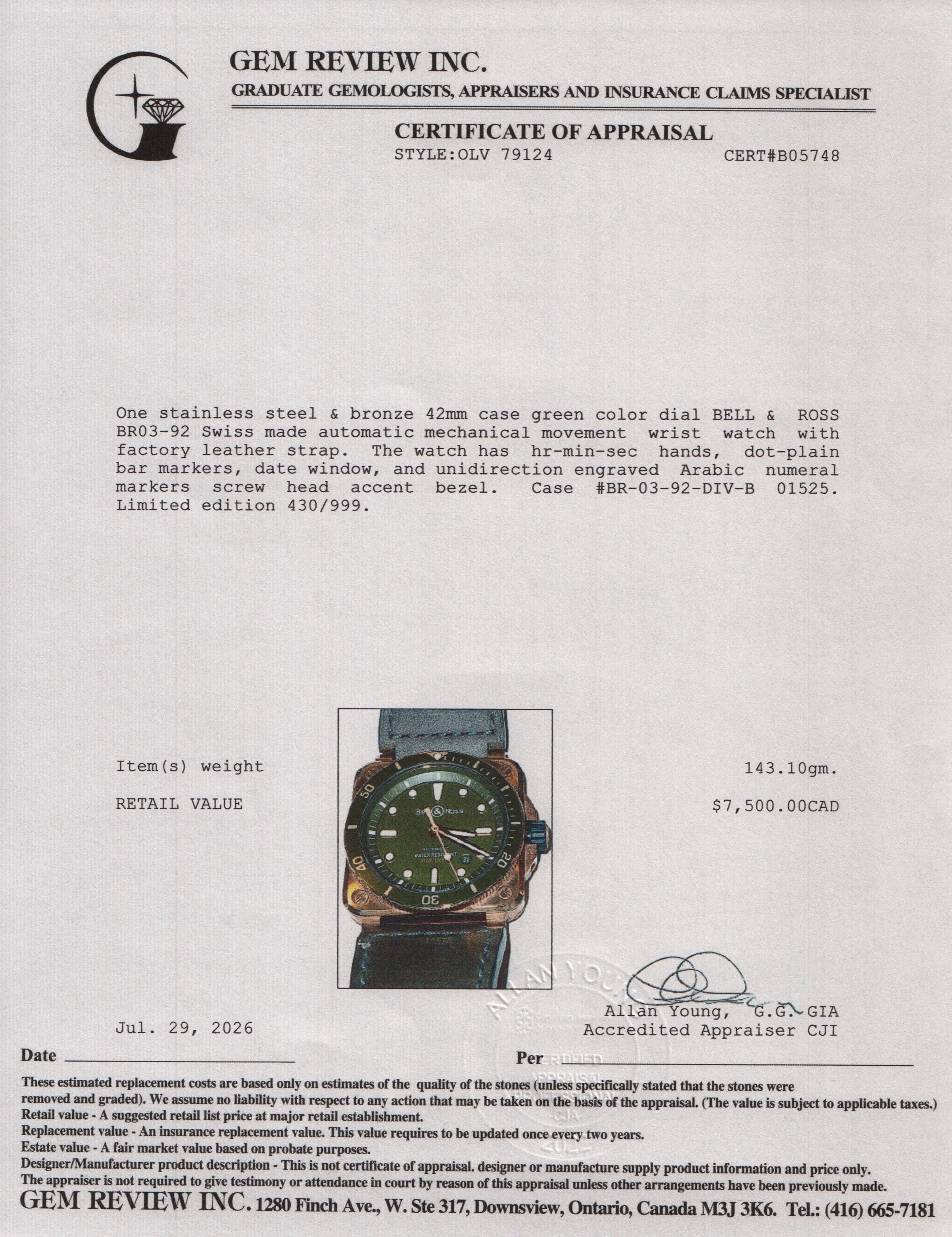 Bell & Ross Bronze & Stainless Steel BR03-92 42 MM Automatic Watch Green Dial w/ Box & Papers