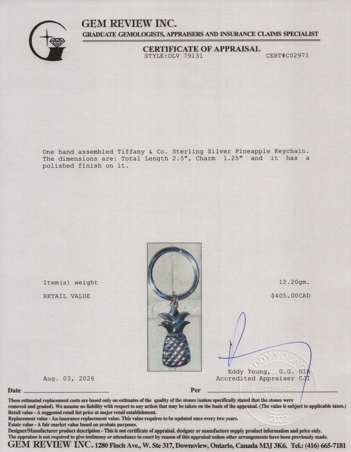 Tiffany & Co. Sterling Silver Pineapple Keychain