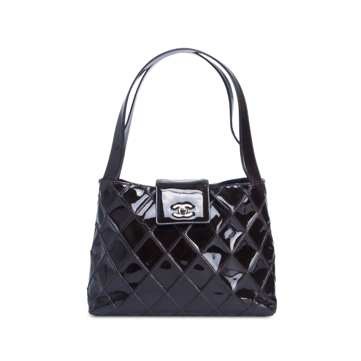Chanel Brown Patent Leather Diamond Quilted Shopper Tote w/ Pouch
