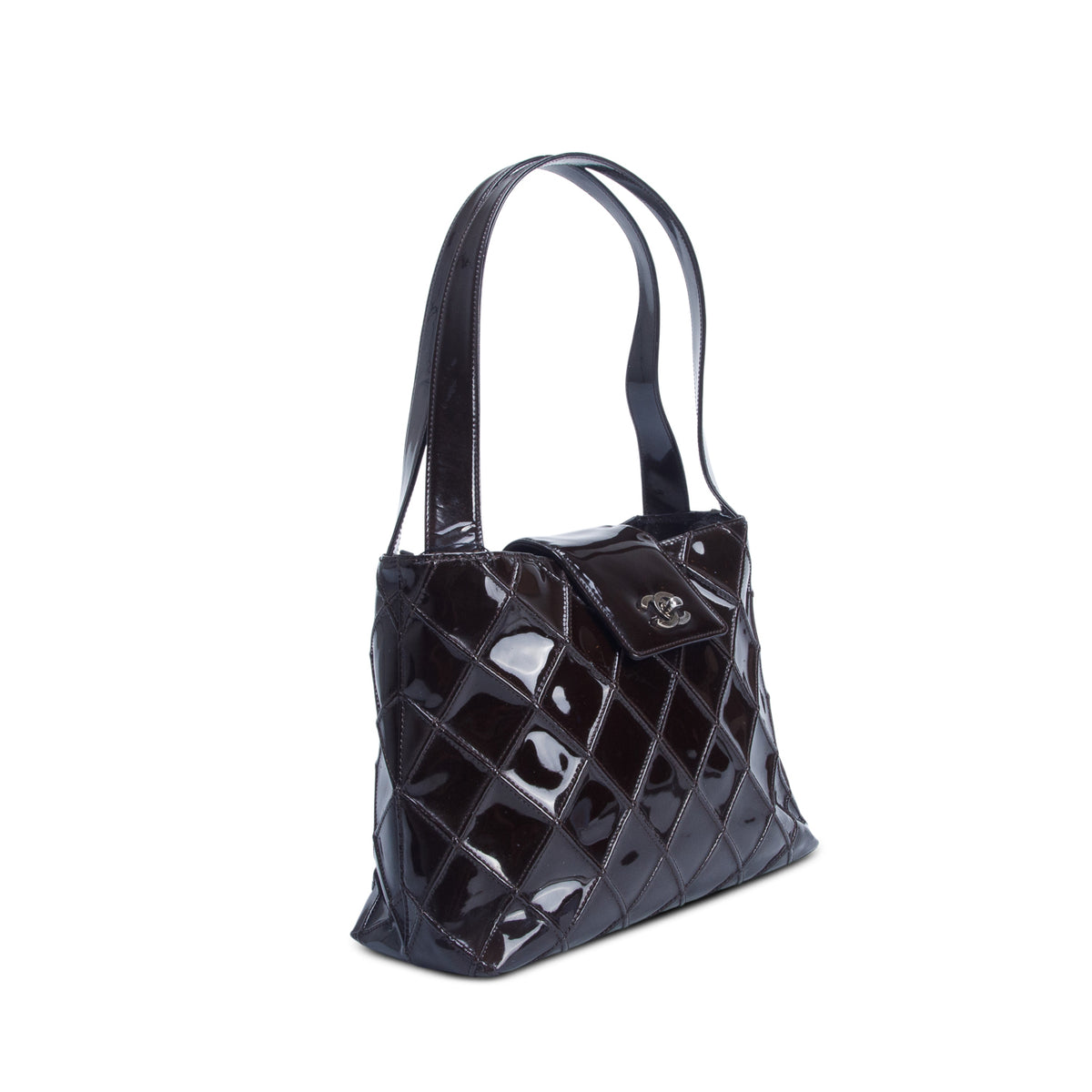 Chanel Brown Patent Leather Diamond Quilted Shopper Tote w/ Pouch