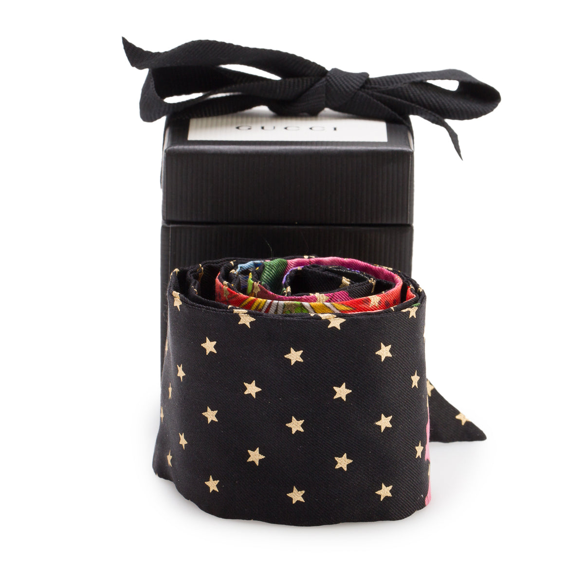 Gucci Black & Multicolor Printed Silk Twill Ribbon w/ Box