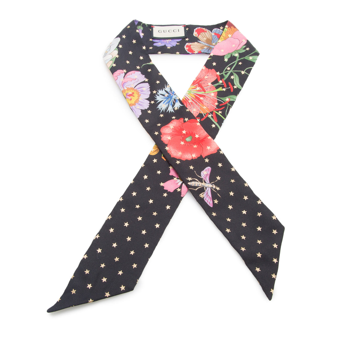 Gucci Black & Multicolor Printed Silk Twill Ribbon w/ Box