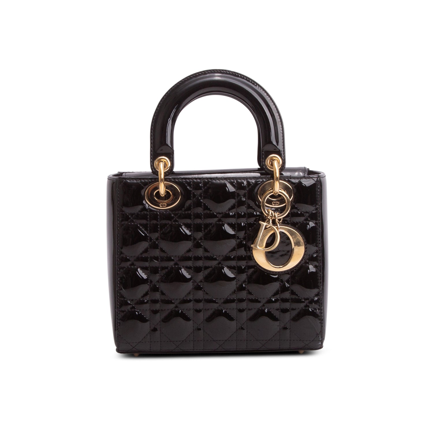 Christian Dior 2020 Black Patent Leather Cannage Leather Small Lady Dior w/ Strap