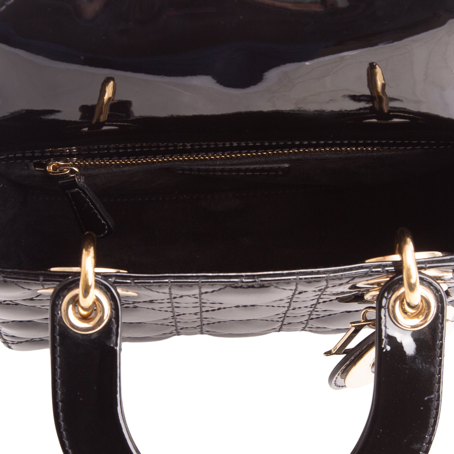 Christian Dior 2020 Black Patent Leather Cannage Leather Small Lady Dior w/ Strap